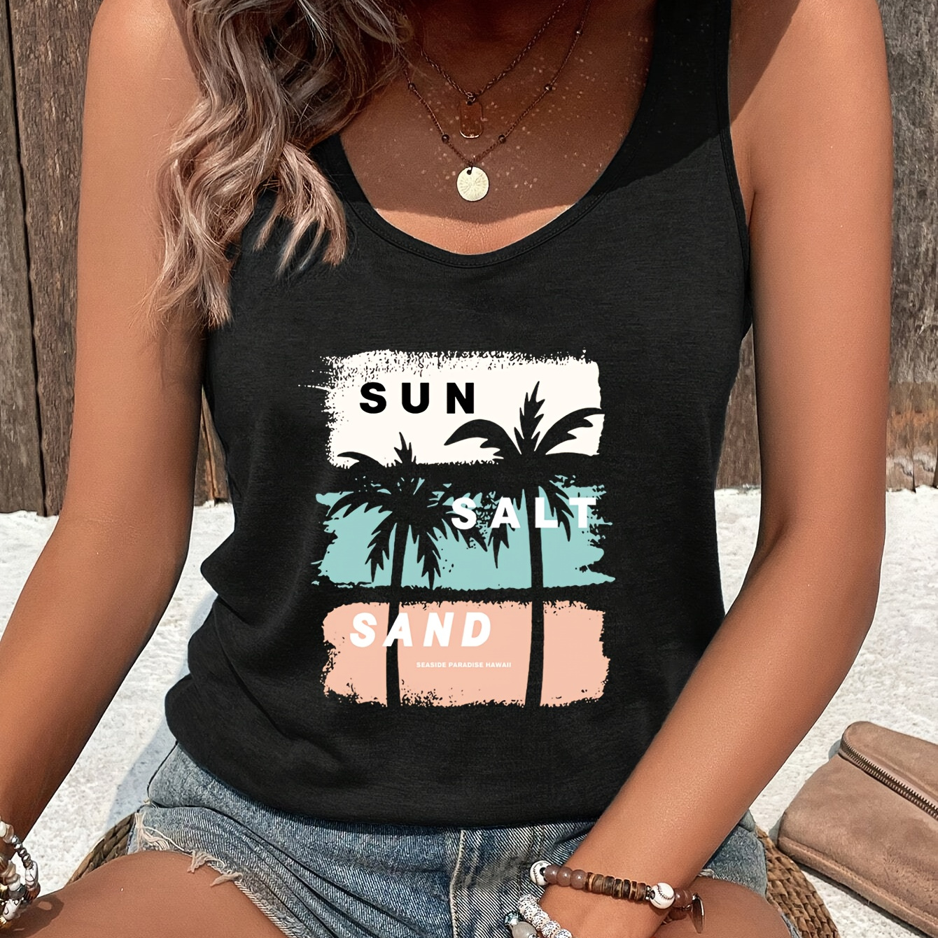 

Letter Print Crew Neck Tank Top, Casual Sleeveless Tank Top For Spring & Summer, Women's Clothing