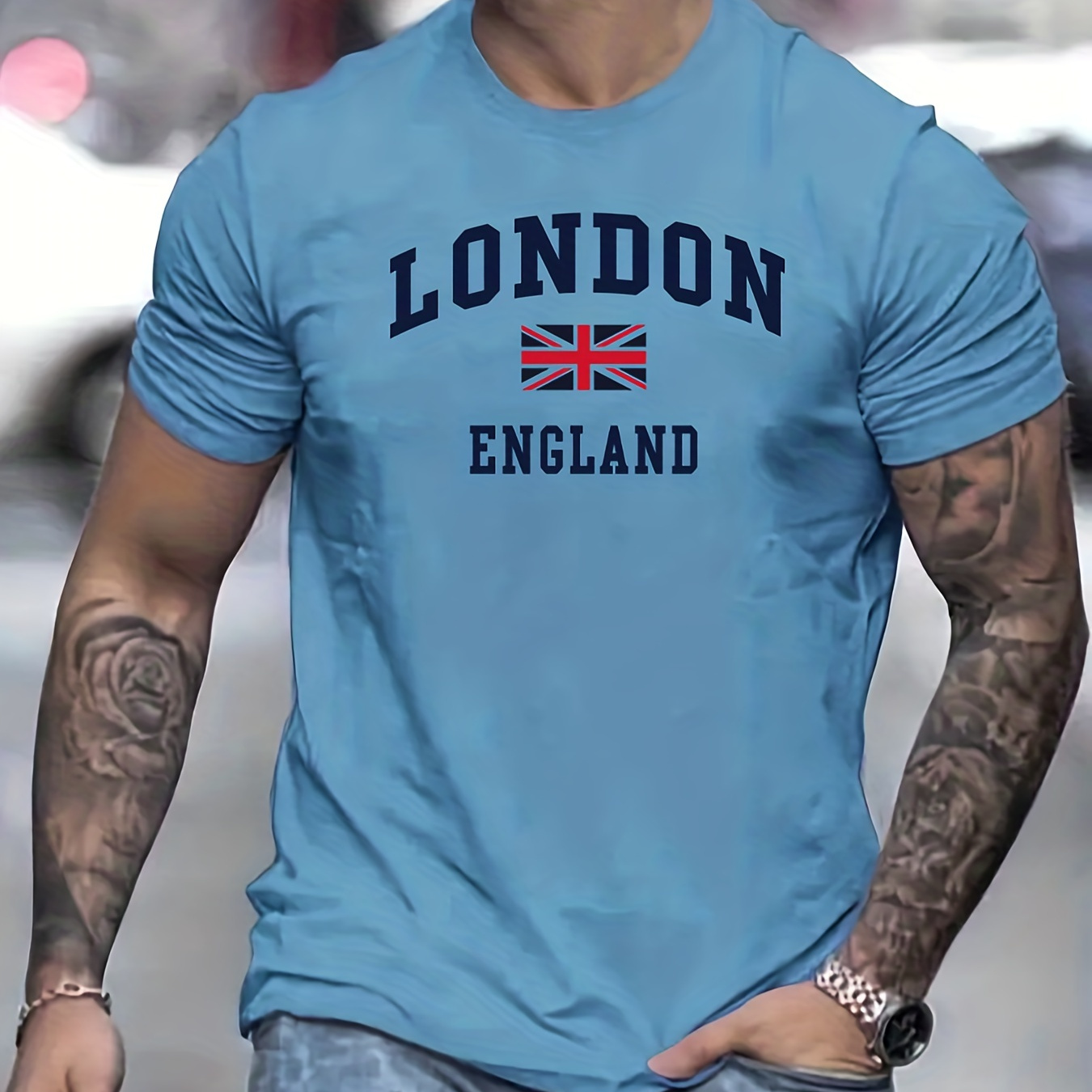 

London England With Flag Pattern Men's T-shirt For Summer Outdoor, Men's Retro Crew Neck Tops