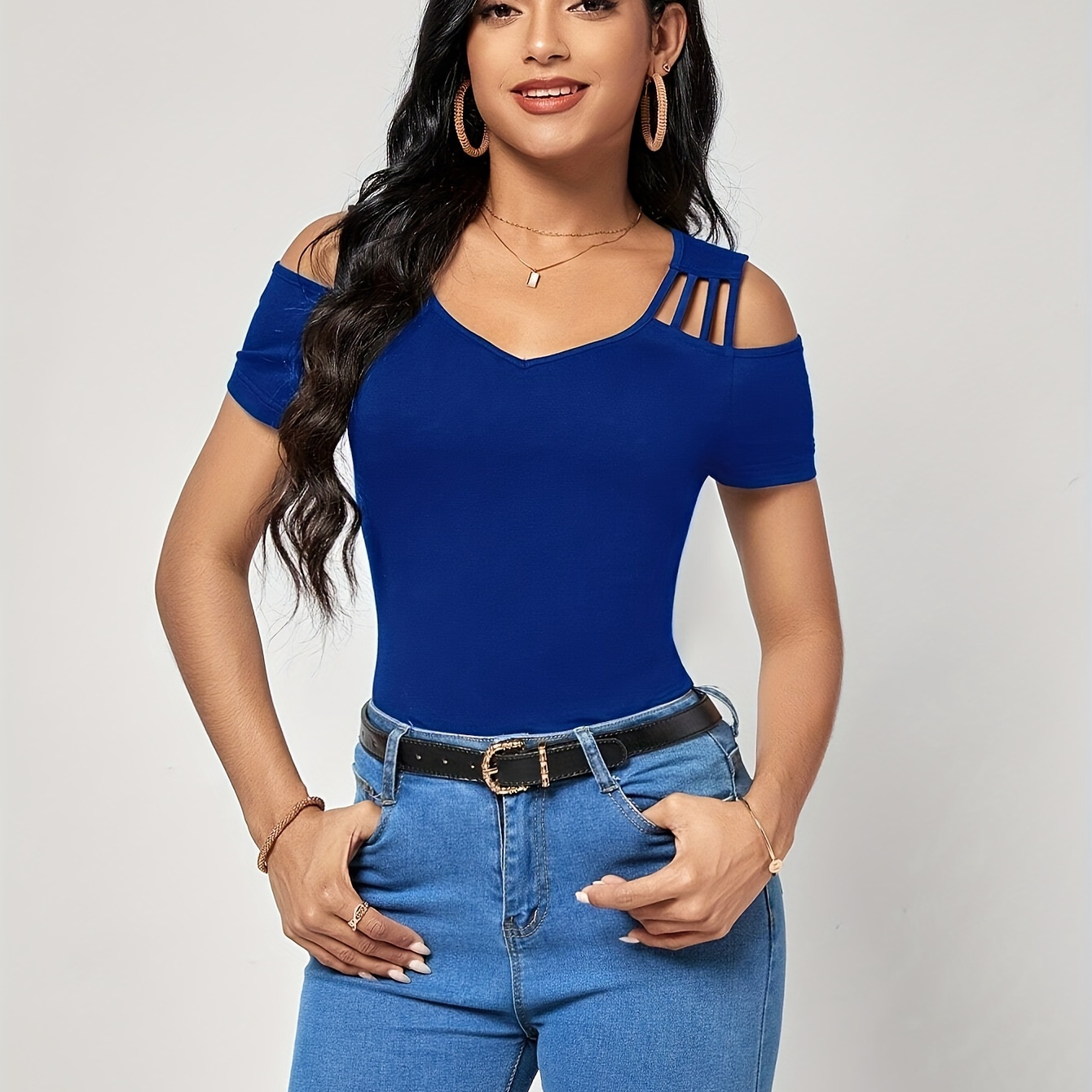 

Solid Color Cold Shoulder T-shirt, Casual Short Sleeve T-shirt For Spring & Summer, Women's Clothing