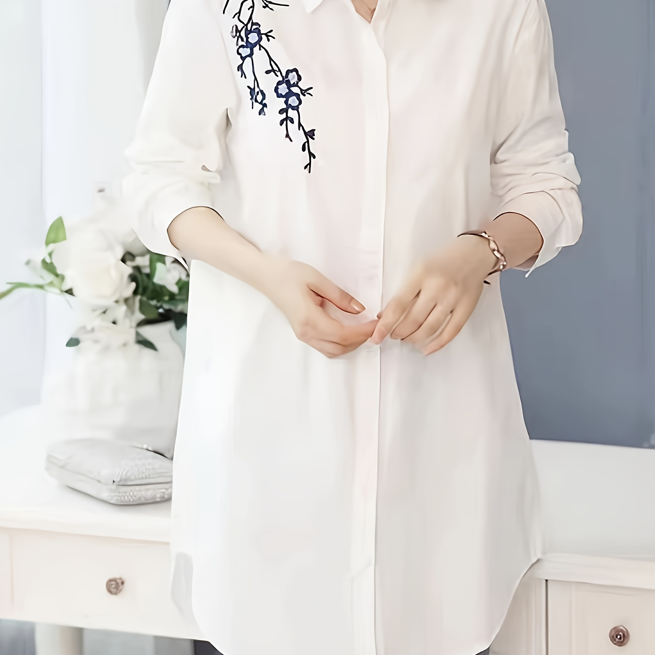 

Blouse Élégante à Manches Longues - en Polyester Polyvalente avec Motif Floral, Col Décontracté, Lavable en Machine pour Femme - pour /Été/Automne