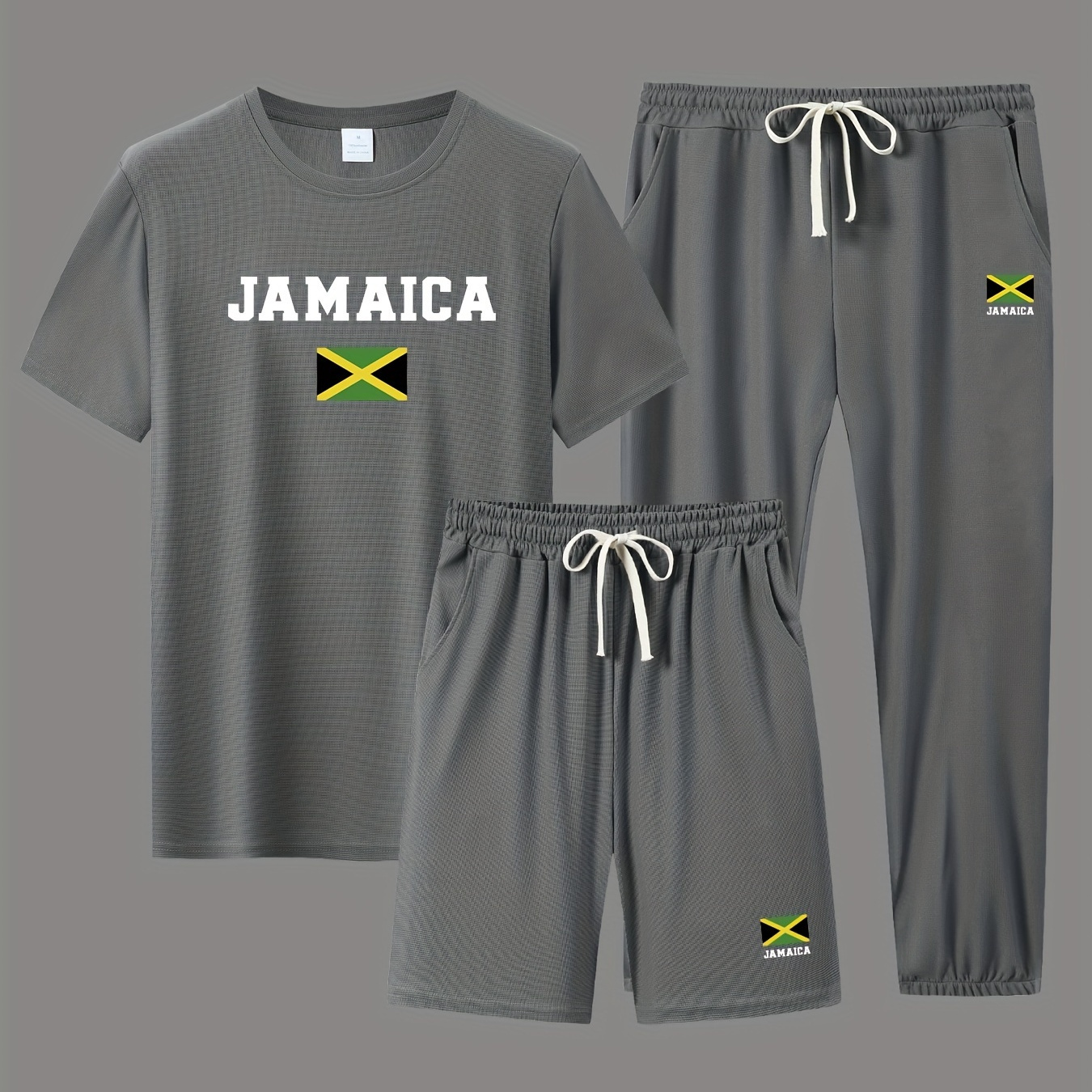 

Jamaica Men's 3-piece Casual Sports Set, Short Sleeve Crew Neck T-shirt And Shorts And Pants Set, Comfortable And Breathable Summer Clothing For Daily And Outdoor Wear