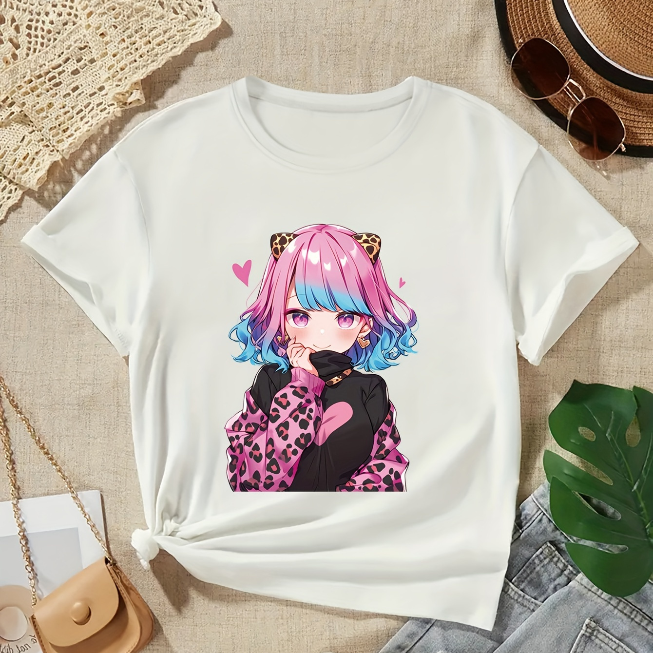 

Anime Girl Graphic Print Tee, Girls' Casual & Trendy Crew Neck Short Sleeve T-shirt For Spring & Summer, Girls' Clothes For Everyday Life