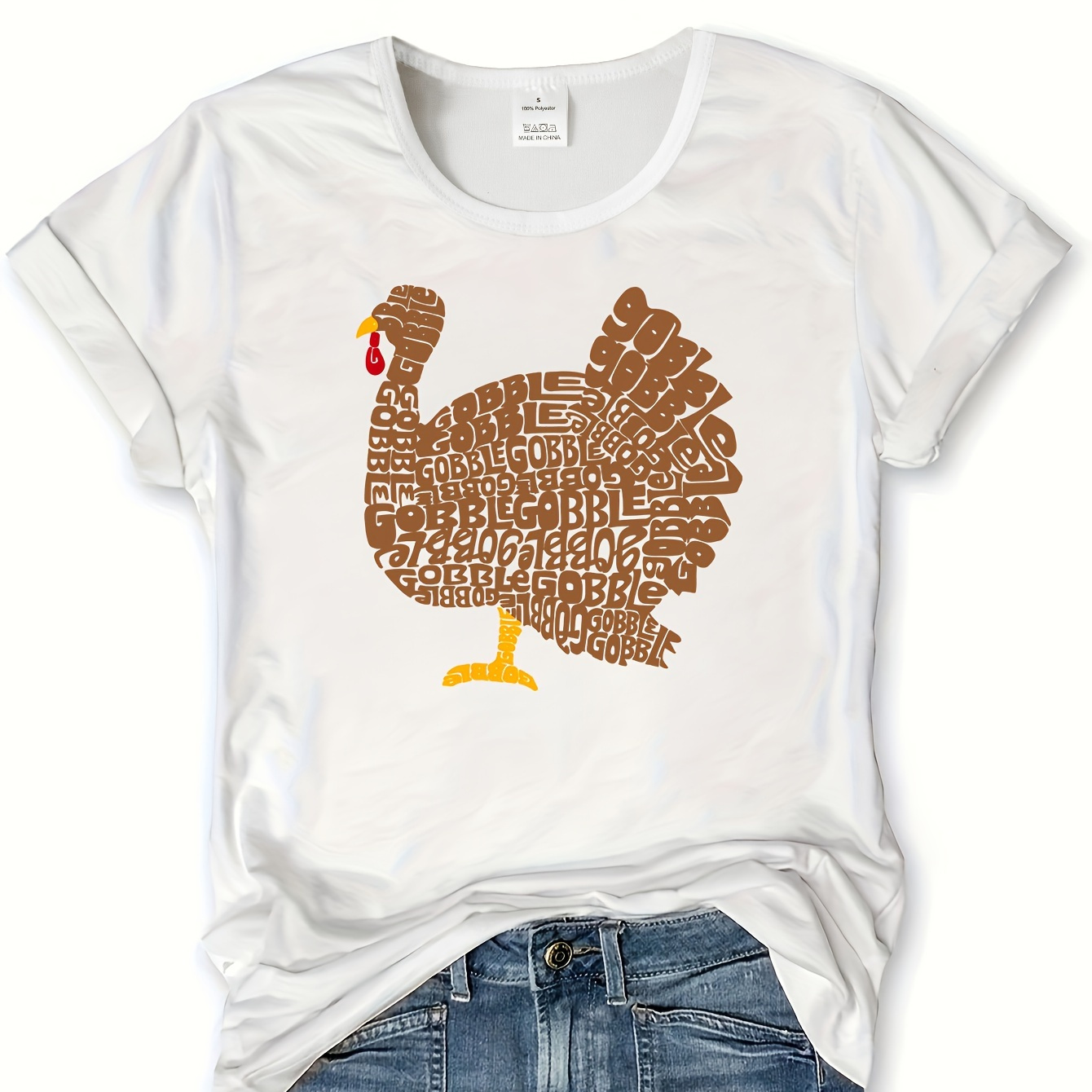 

Women's Casual Turkey Print T-shirt - Crew Neck, Short Sleeve, Breathable Polyester, Machine Washable - Spring/summer, Thanksgiving