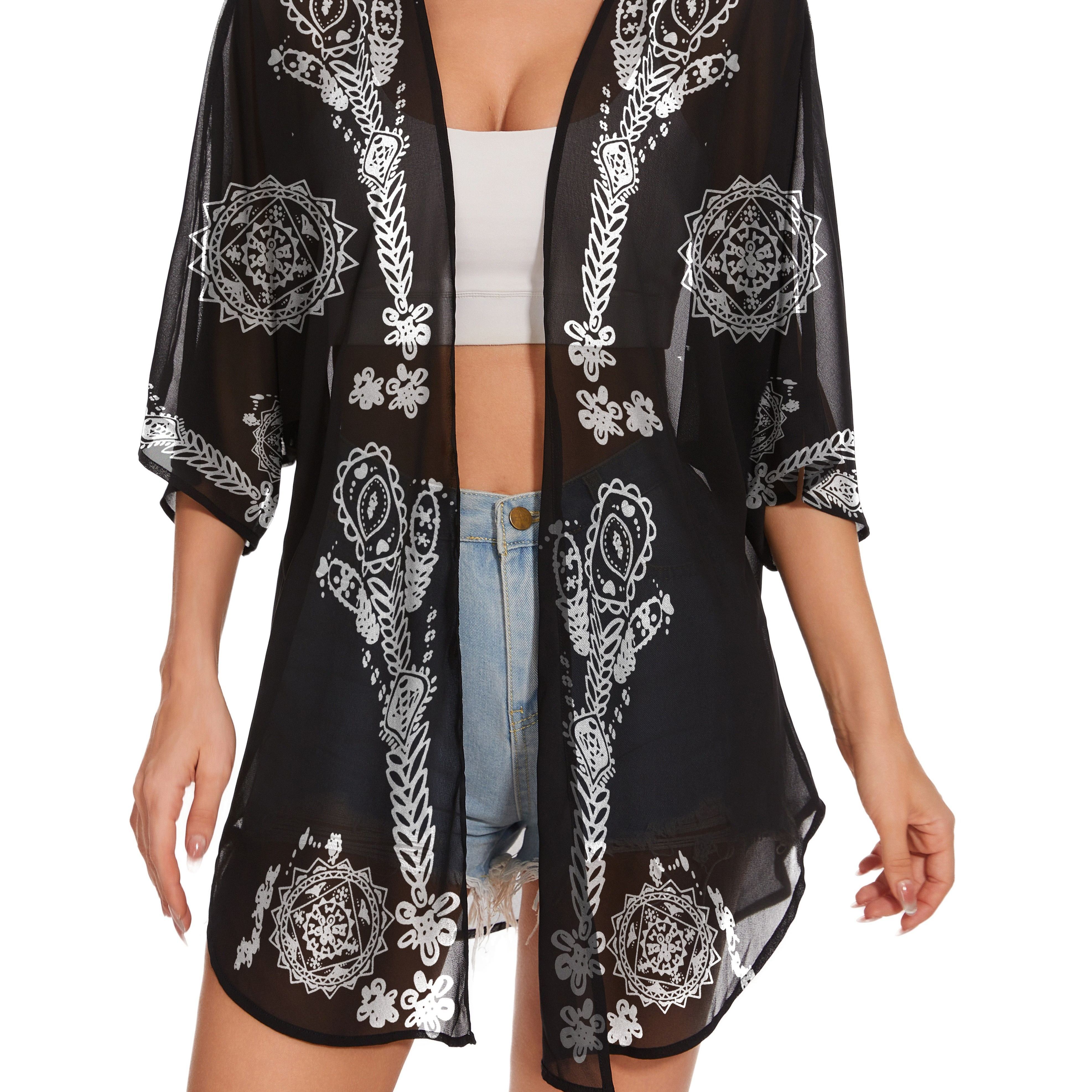 

Cardigan À Manches Chauve-souris En Dentelle Florale Pour Femmes, Blouse À Manches Chauve-souris En Chiffon Transparent À Col En V, Mélange de Polyester Et de Spandex, Haut D'été Bohème Léger