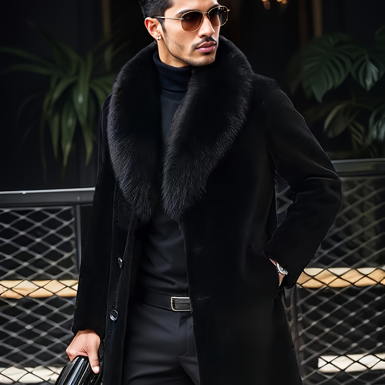 

Men's Fashionable Black High-quality Fur Winter Coat, Long Plush Jacket With Sherpa Collar, Soft And Warm, Casual Business , Qin Grass, Rabbit Fur