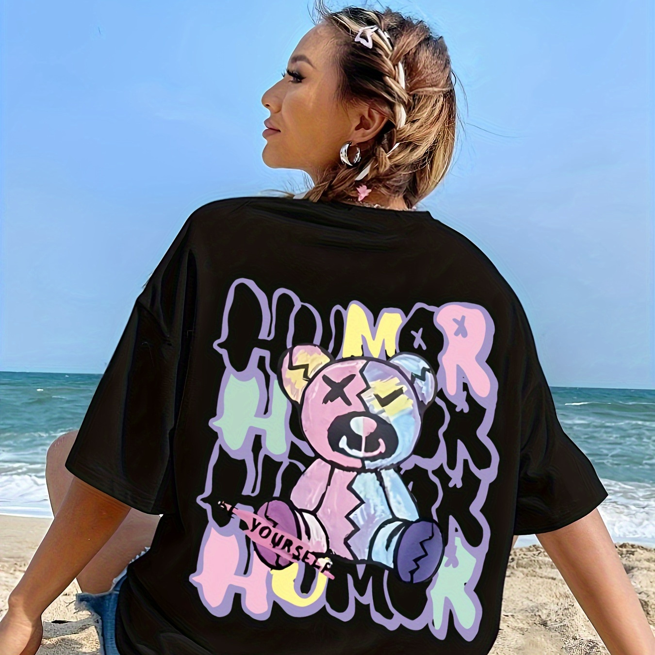 

Letter & Bear Print Drop Shoulder T-shirt, Short Sleeve Crew Neck Casual Top For Spring & Summer, Women's Clothing
