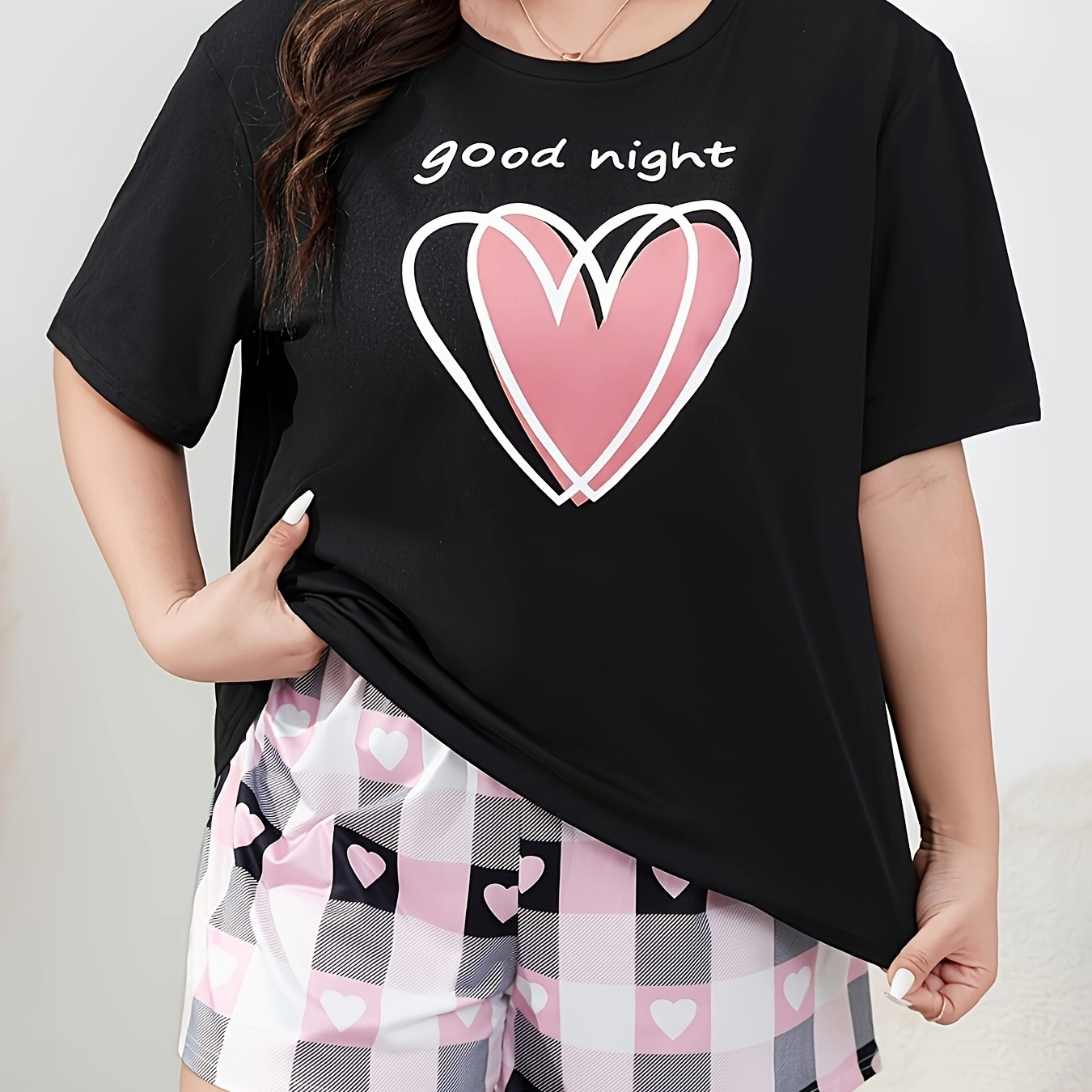 

Women's Valentine's Day Casual Pajamas Set, Plus Size Heart & Slogan Print Short Sleeve Top & Plaid Shorts Lounge 2 Piece Set