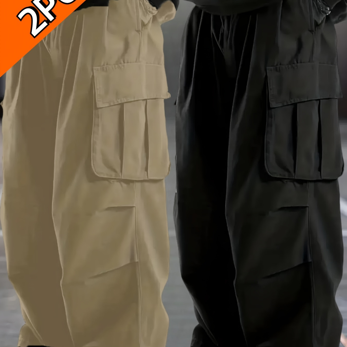 

2-pack Men's Plus Size Cargo Pants, Elegant , Solid Color, Multi-pocket Loose Fit, 100% Polyester, Non-stretch Woven Fabric, 165g/m², For Activities