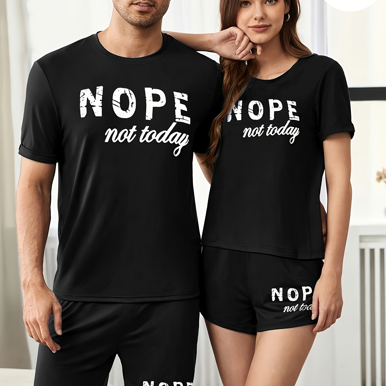 

Valentine's Day Couple Pajama Set, "nope " Letter Print Short Sleeve And Shorts, Polyester 95% Elastane 5%, Crew Neck, Knit Fabric, Medium Stretch, ,