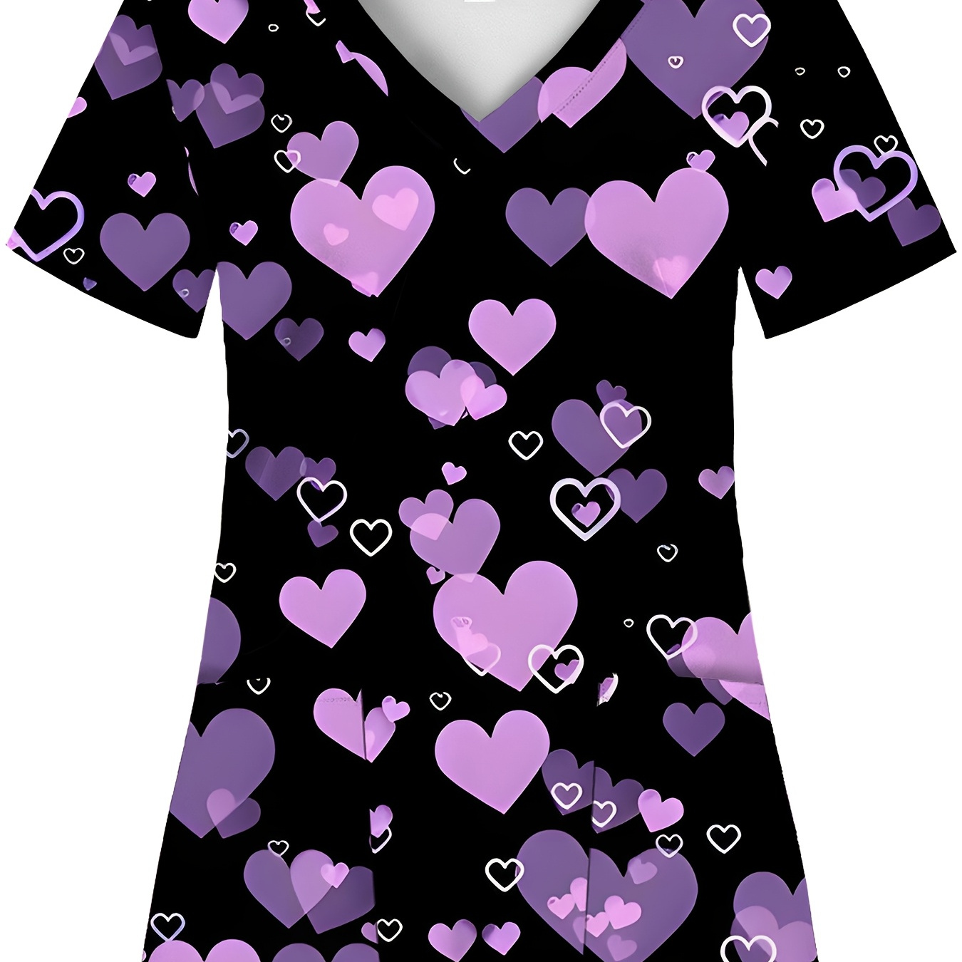 

Women's V-neck Scrub Top With Print - Soft, Breathable Polyester , Functional Uniform With Dual Pockets, Ideal For Nurses, Dentists, And , Valentine's Day, , Nursing