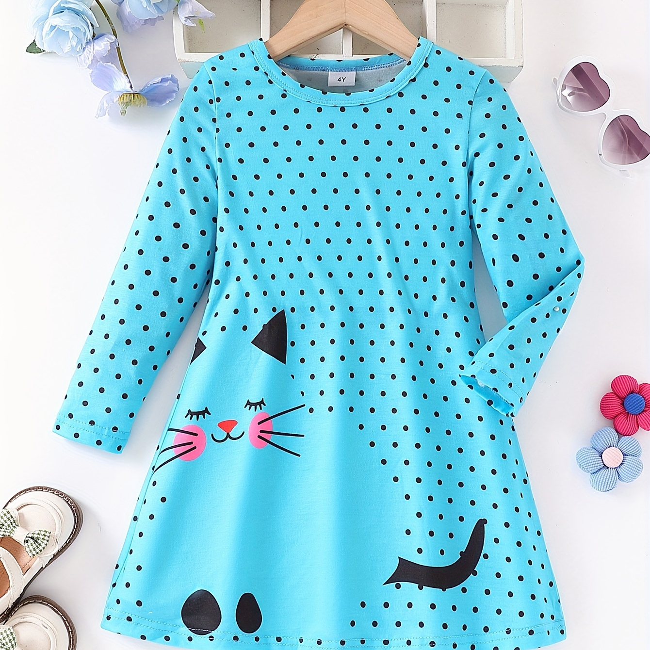 

Dots & Kitty Print Long-sleeve Dress For Girls, Spring & Fall Everyday Sweet Casual Dresses, Party, Gift