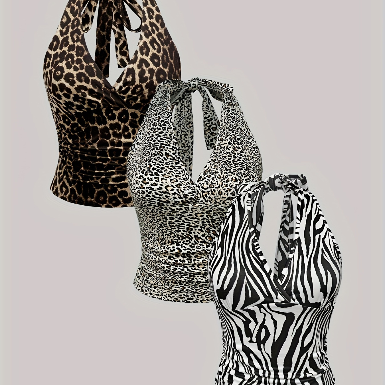 

3 Pack Leopard & Zebra Striped Halter Top, Stylish Backless Slim Fit Sleeveless Halter Top For Spring & Summer, Women's Clothing