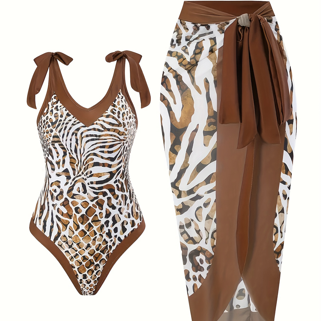 

Women's Modest One-piece Swimsuit With Cover Up, Plus Size Zebra Leopard Print V Neck Bowknot Beach One-piece Bathing-suit & Cover Up Skirt 2 Piece Set