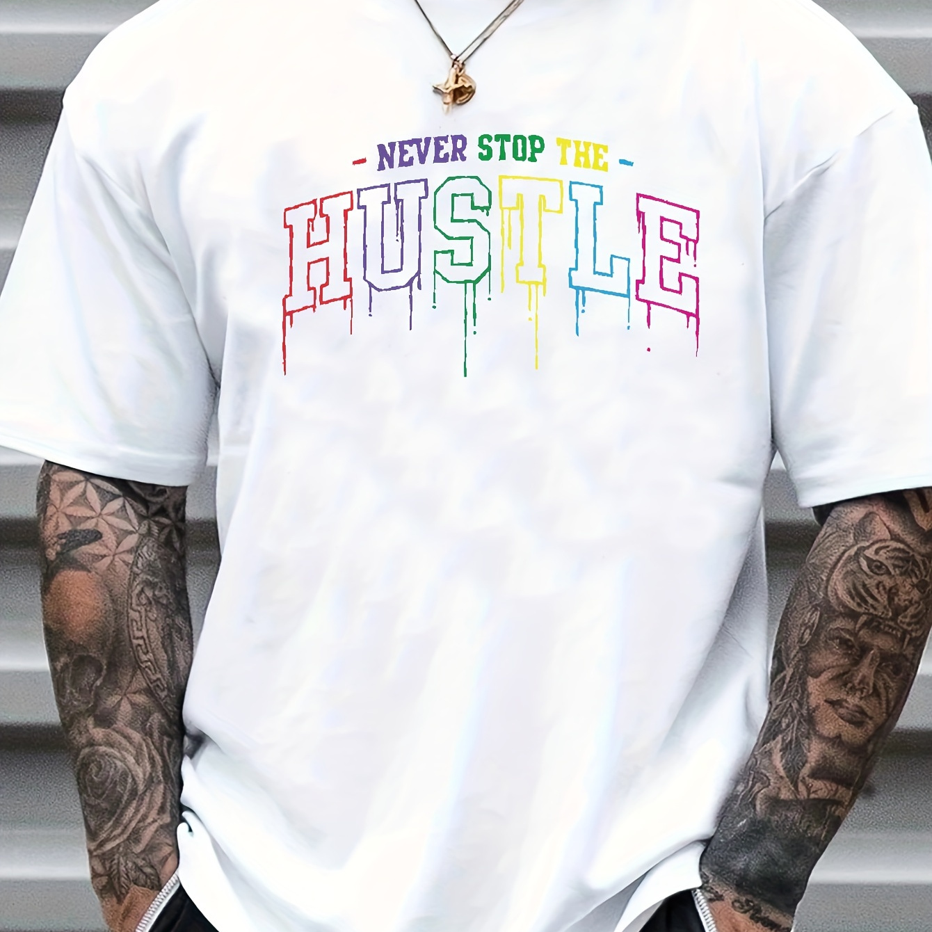 

Hustle Print, Men's Graphic Design Crew Neck Niche T-shirt, Casual Comfy Tees Tshirts For Summer, Men's Clothing Tops For Daily Vacation Resorts