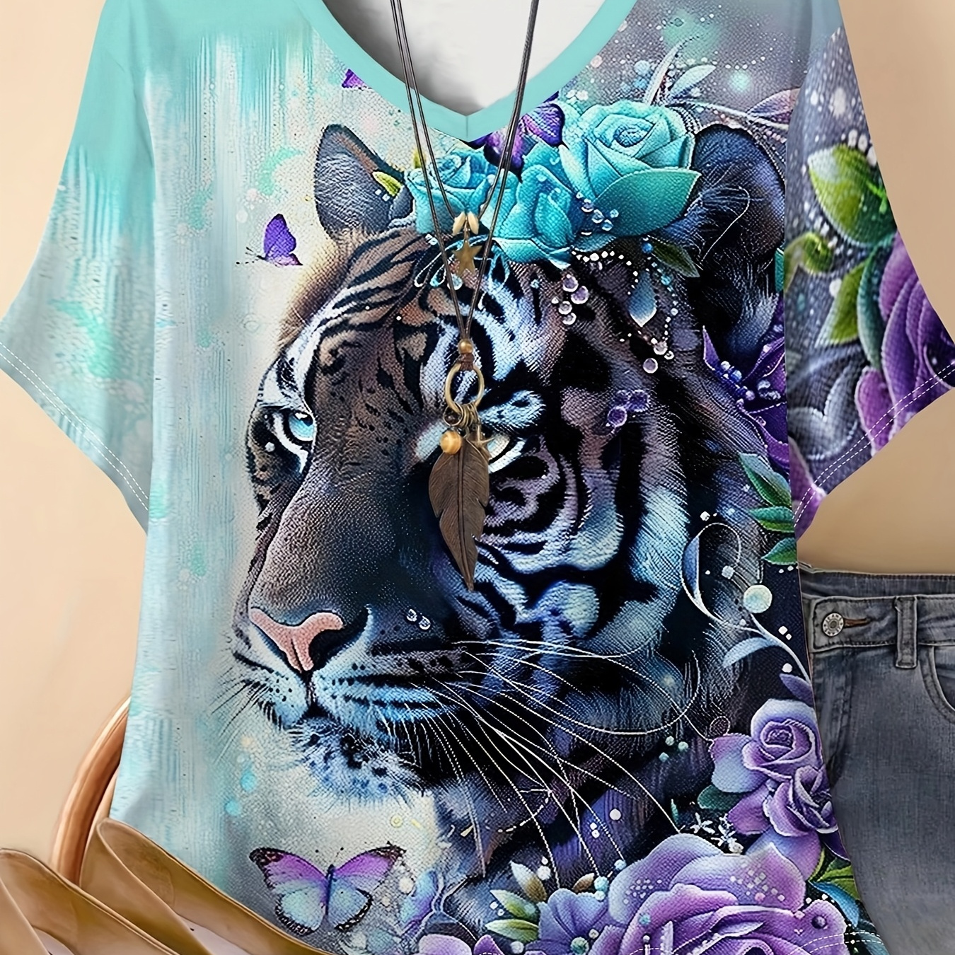 

Plus Size Women's V-neck T-shirt With Vibrant 3d Tiger & Floral Print - Short Sleeve, Casual Summer Top In Light Blue, Polyester , Plus Size Tshirts