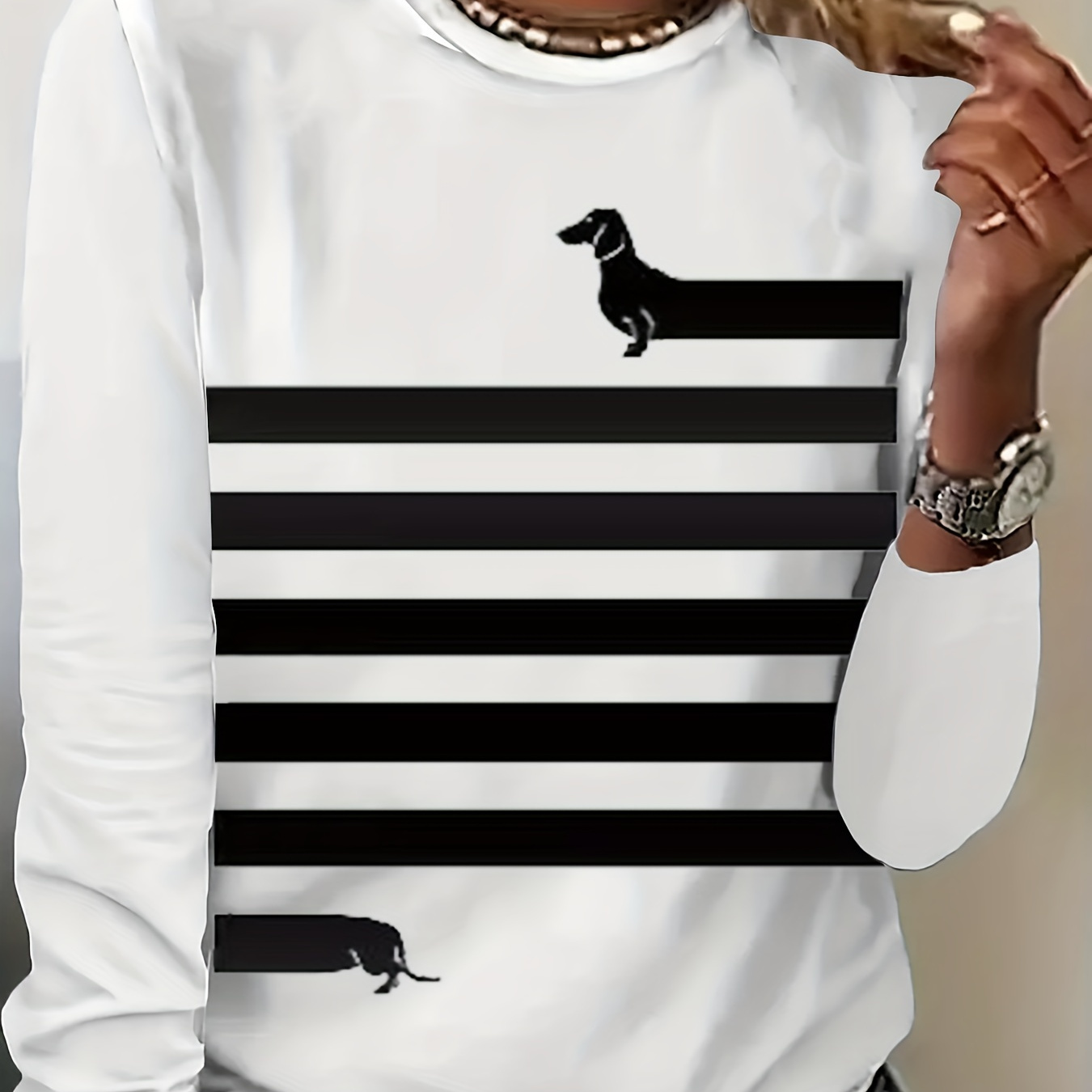 

Dog & Stripe Print Crew Neck T-shirt, Casual Long Sleeve Top For Spring & Fall, Women's Clothing