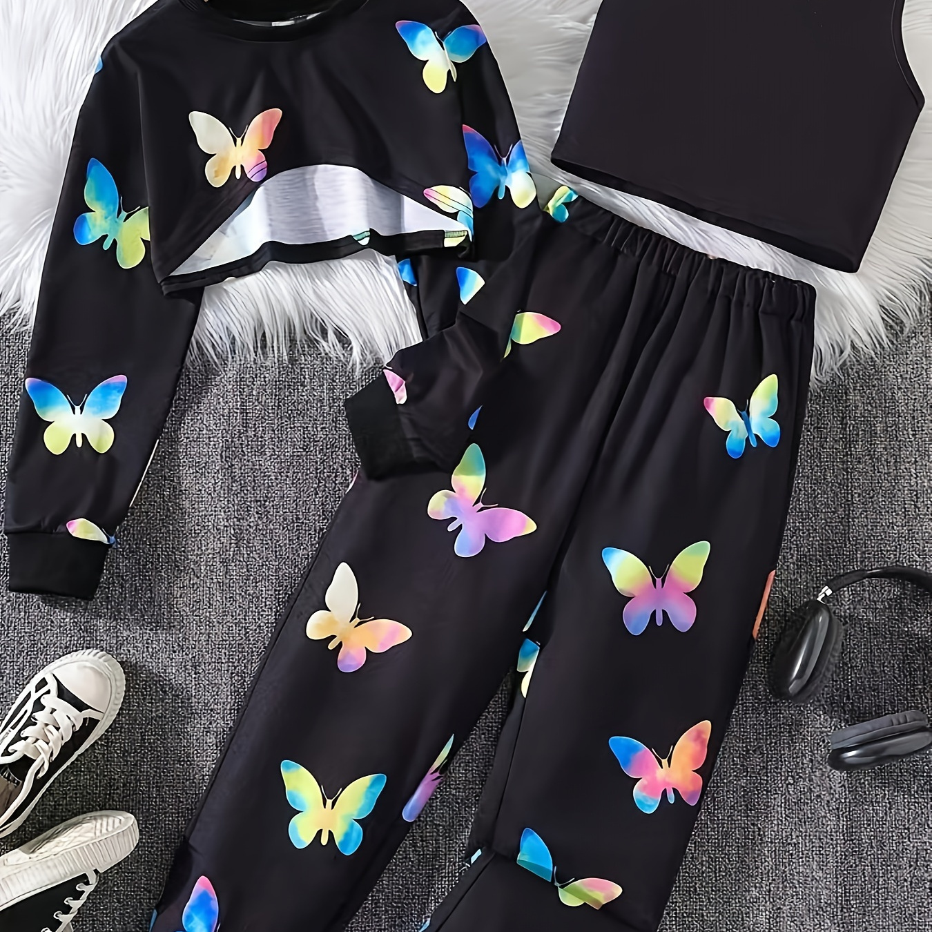 

Butterfly Print Girl's Sporty Chic Outfit, Crop T-shirt + Tank Top + Jogger Pants Co-ords Set - Sweet & Fashion Spring Fall Outfit