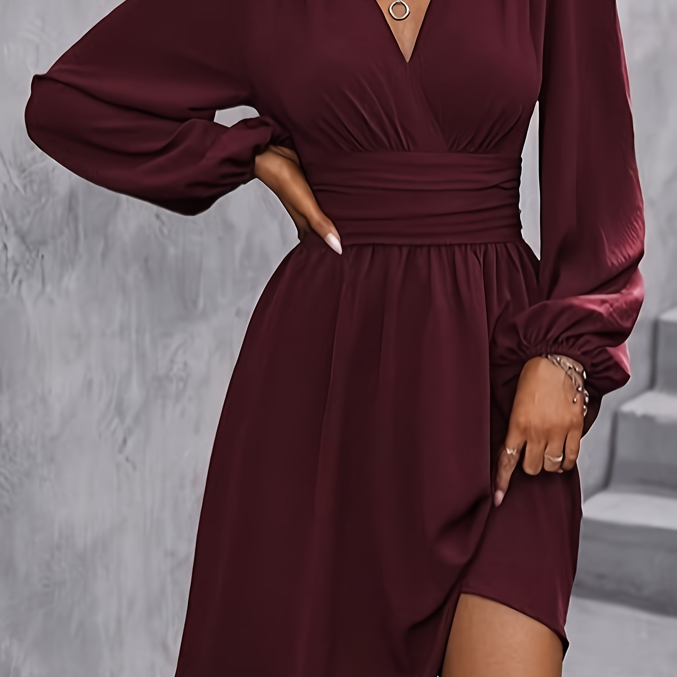 

Elegant Long Sleeve V-neck Dress For Women - 100% Polyester Solid Color Shirred A-line Skirt - All Season Woven Adult