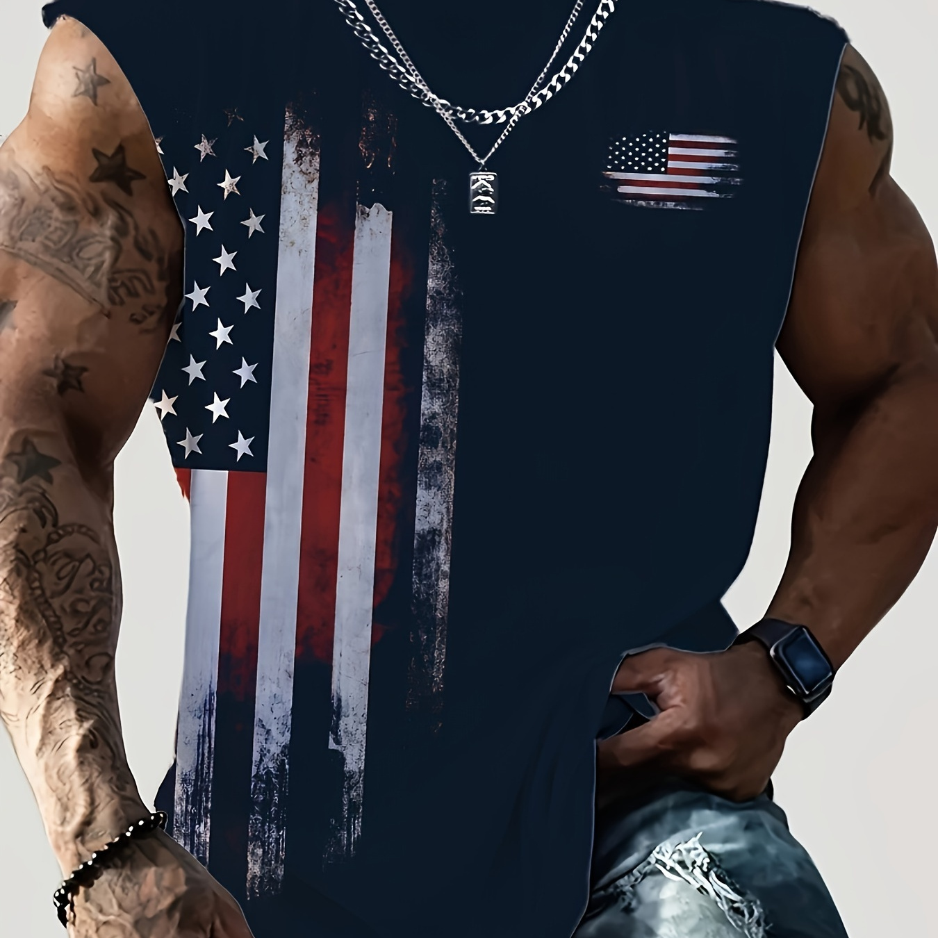 

Flag Print Comfy Breathable Tank Top, Men's Casual Stretch Sleeveless T-shirt For Summer Gym Workout Training Basketball