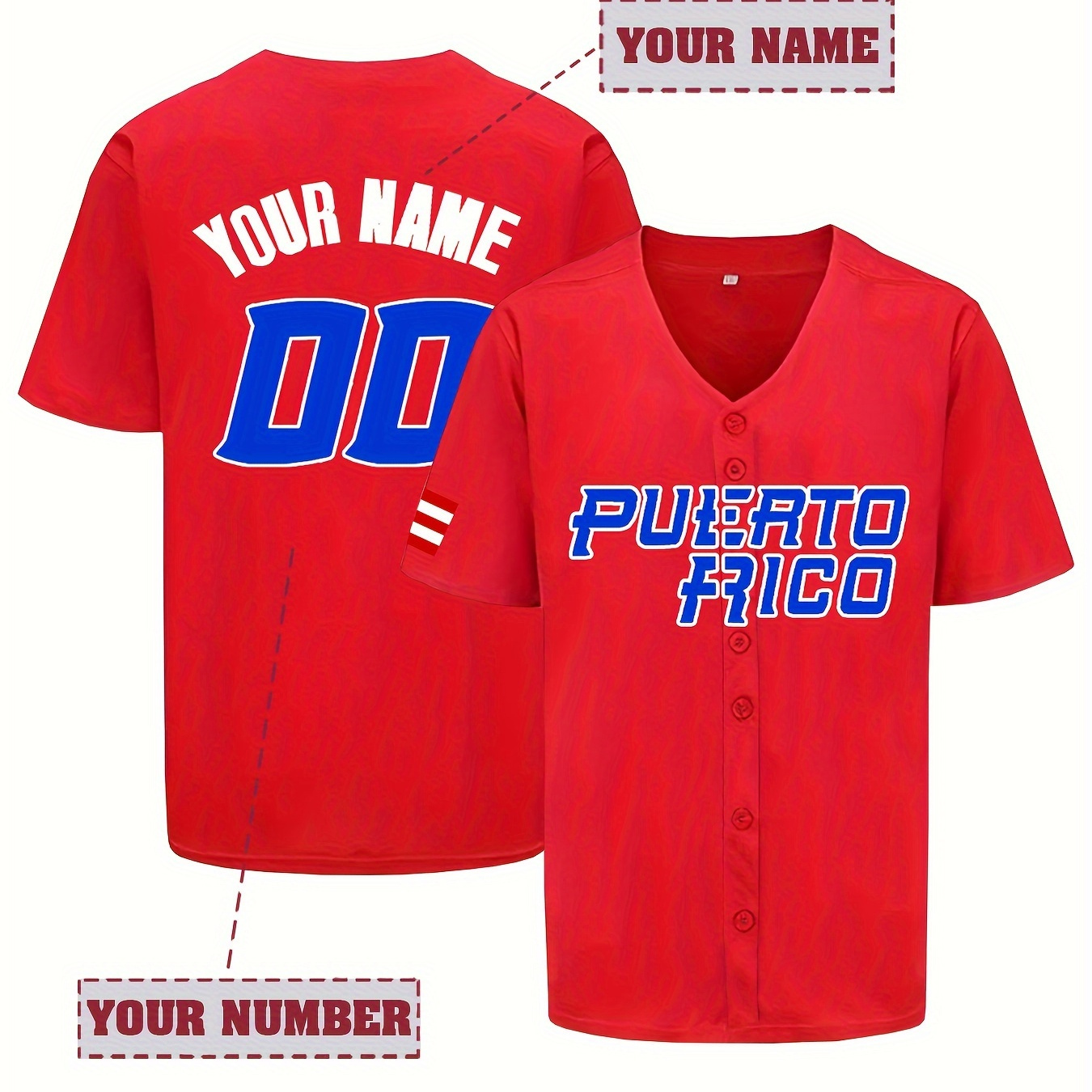 

Customized Men's V-neck Baseball Jersey, Short Sleeve Breathable Embroidered With Puerto Rico, Personalized Name & Number, Loose Shirt For Team Training