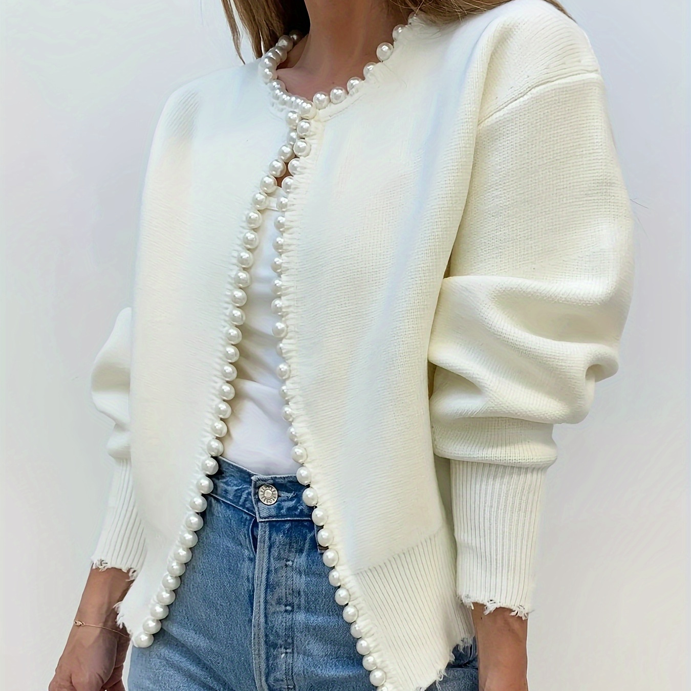 

Beaded Decor Open Front Cardigan, Elegant Long Sleeve Solid Color Rib Knit Cardigan, Women's Clothing