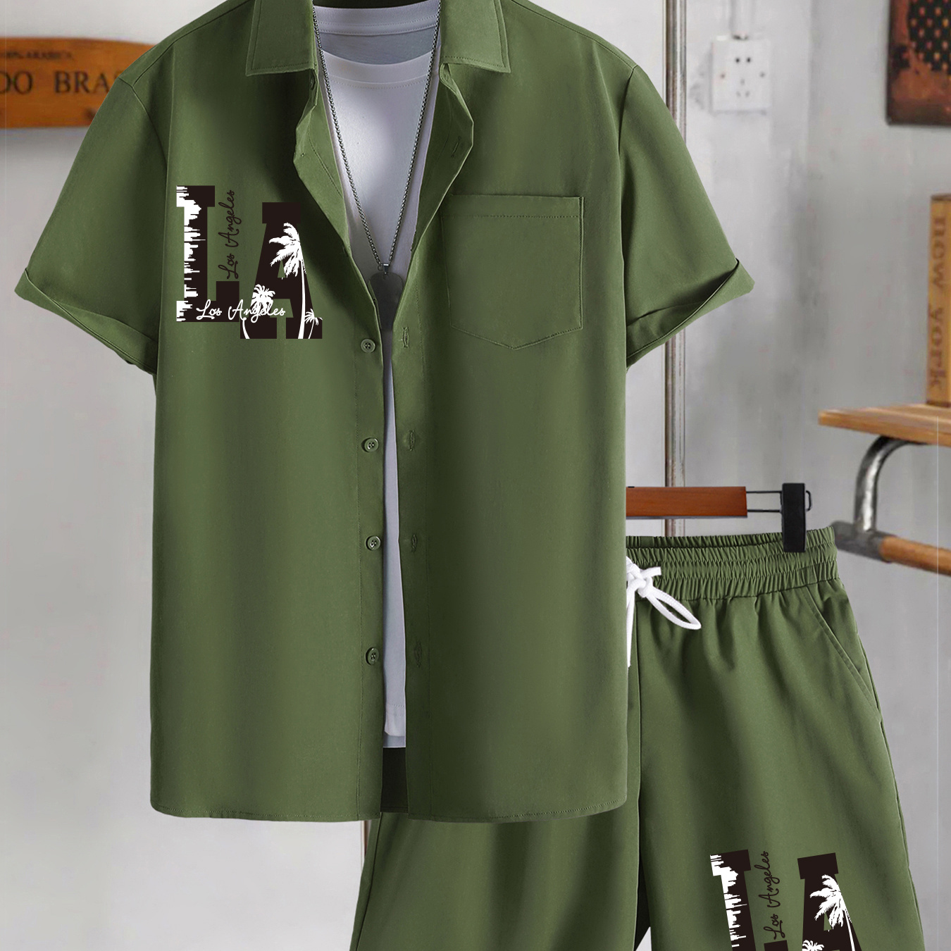 

''los Angeles'' Print, Men's 2 Piece Outfits, Button Up Short Sleeve Shirt & Drawstring Loose Shorts Sets, Mens Clothes
