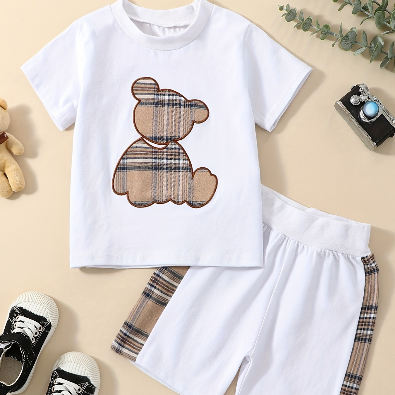 

Baby Boys Outfit Set, Cotton Plaid Embroidery Bear Graphic Tee And Shorts, Infant Toddler Clothes For Spring Summer Indoor Outdoor
