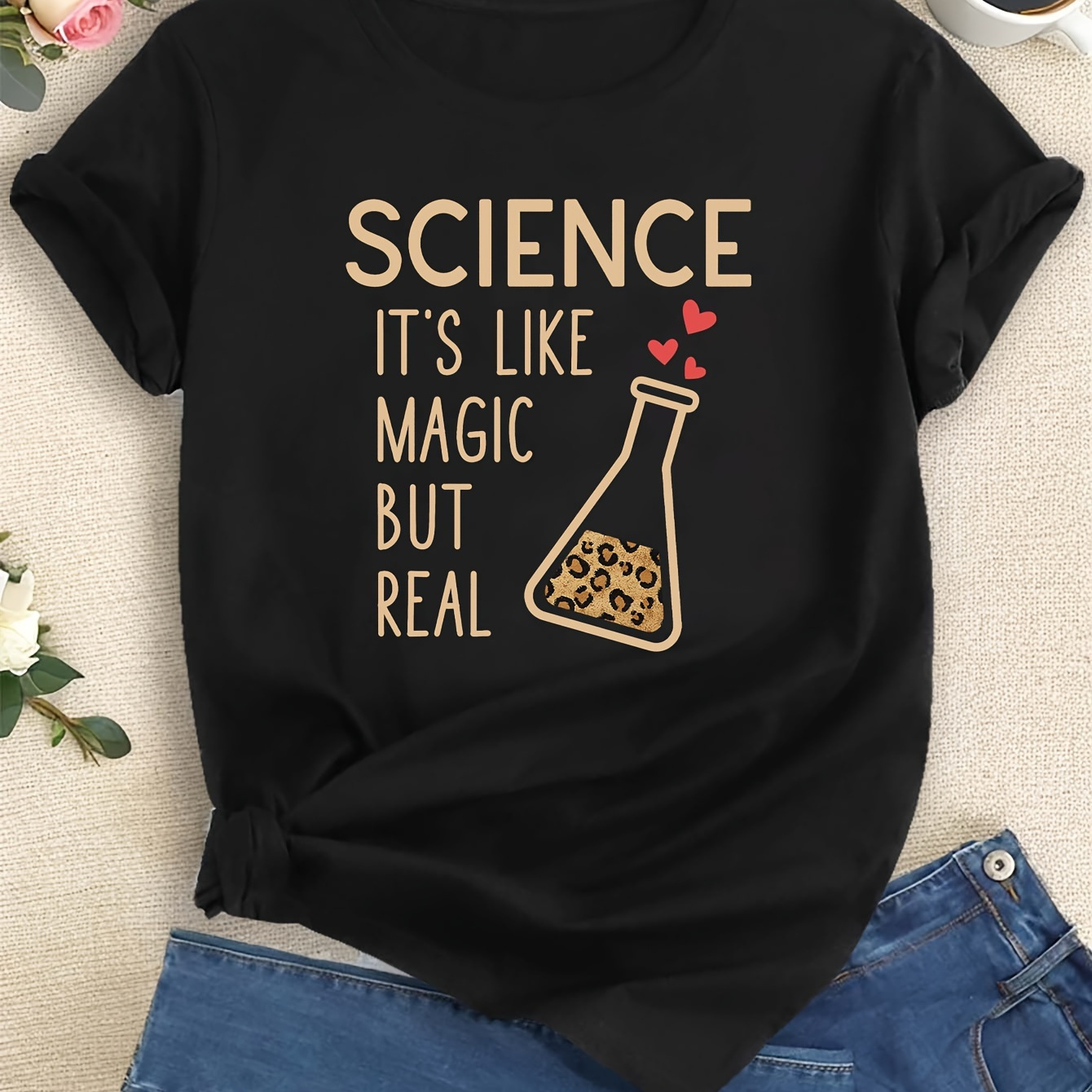 

Fashion Letters Science Print T-shirt, Short Sleeve Crew Neck Casual Top For Summer & Spring, Women's Clothing