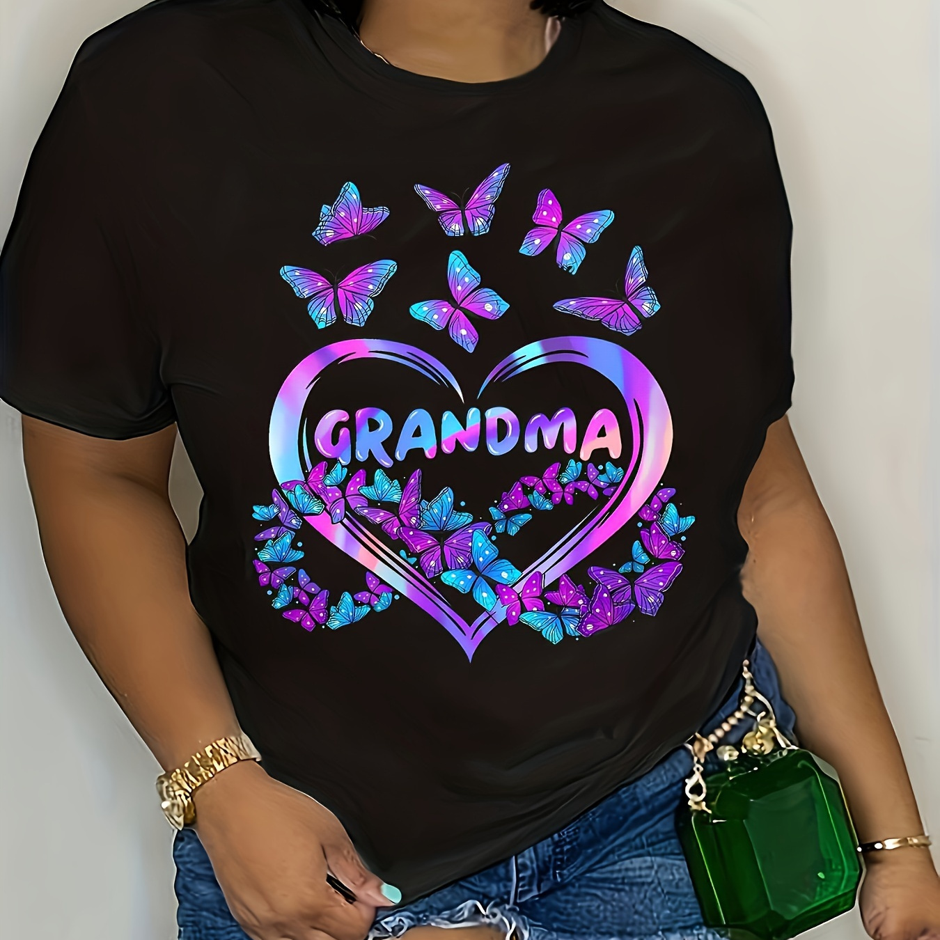 

Plus Size Purple And Butterfly Grandma Printed T-shirt, Women' Casual Short Sleeve Round Neck Comfortable Tops, Plus Size Women's