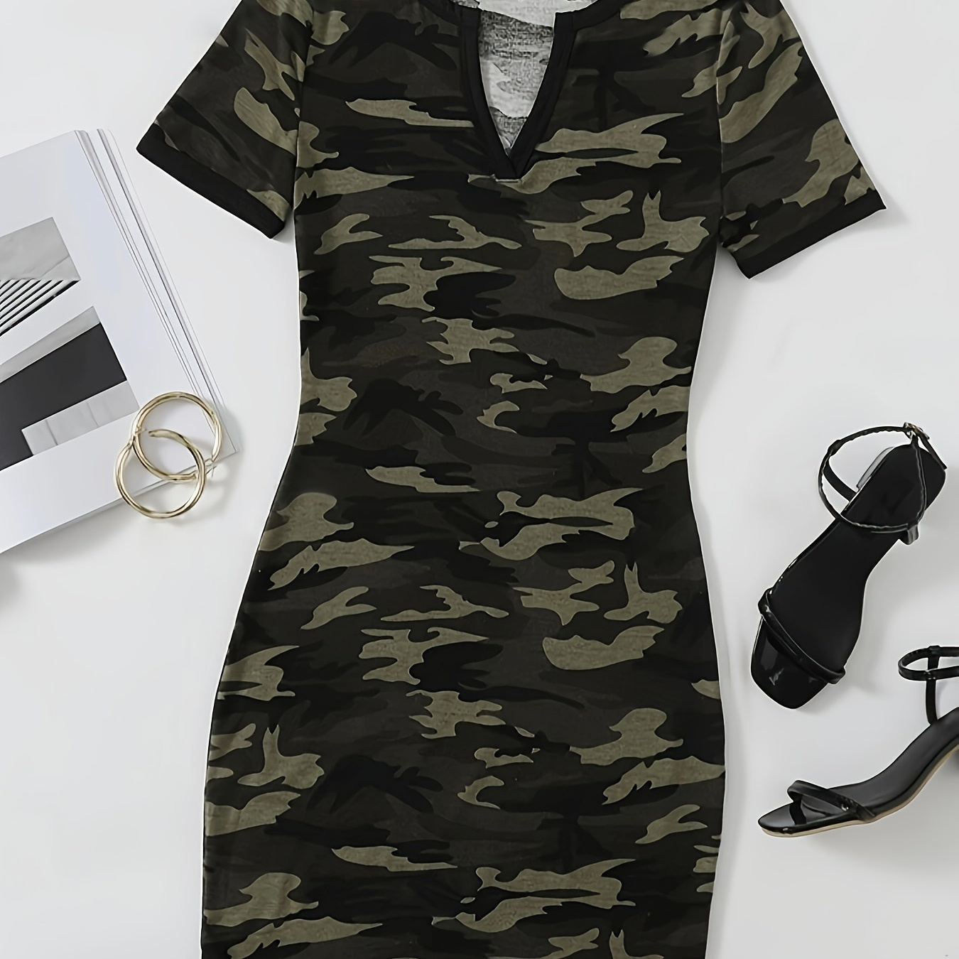 

Camouflage Print Notched Neck Dress, Casual Short Sleeve Dress For Spring & Summer, Women's Clothing