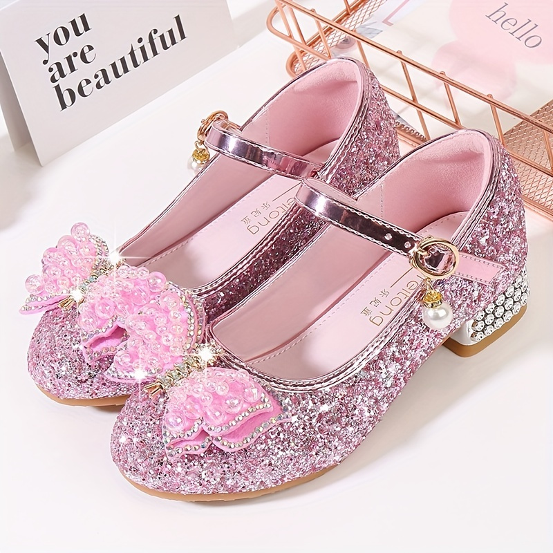 Children Girls Princess Rhinestones Shoes Girls High-heeled Shoes Girl Crystal Shoes With Bow Decor For Dress Catwalk Piano Performance