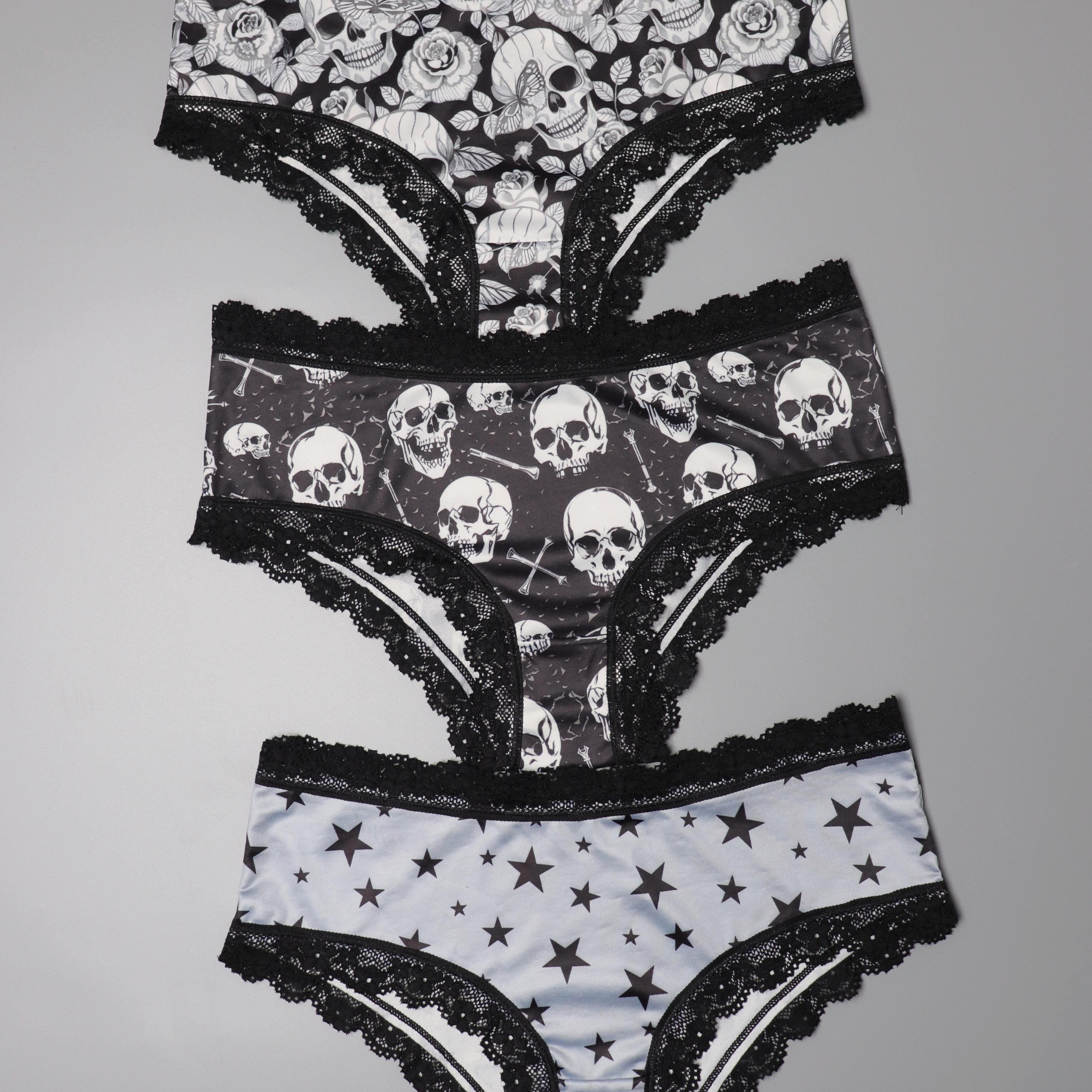 

3pcs Gothic Contrast Lace Hipster Panties, Halloween Skull & Star Print Intimates Panties, Women's Underwear & Lingerie