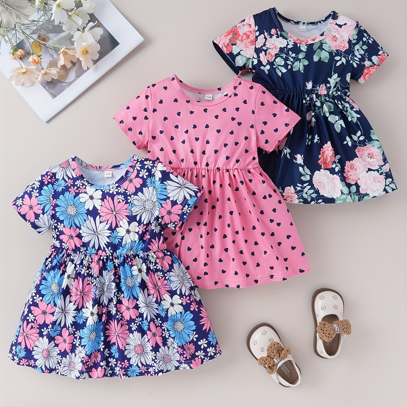 

3pcs Baby Girls Causal Short Sleeve Ruffle Heart Dots Floral Print Dress, Cute Holiday Trendy Comfy Baby Girls Summer Outfits Clothes
