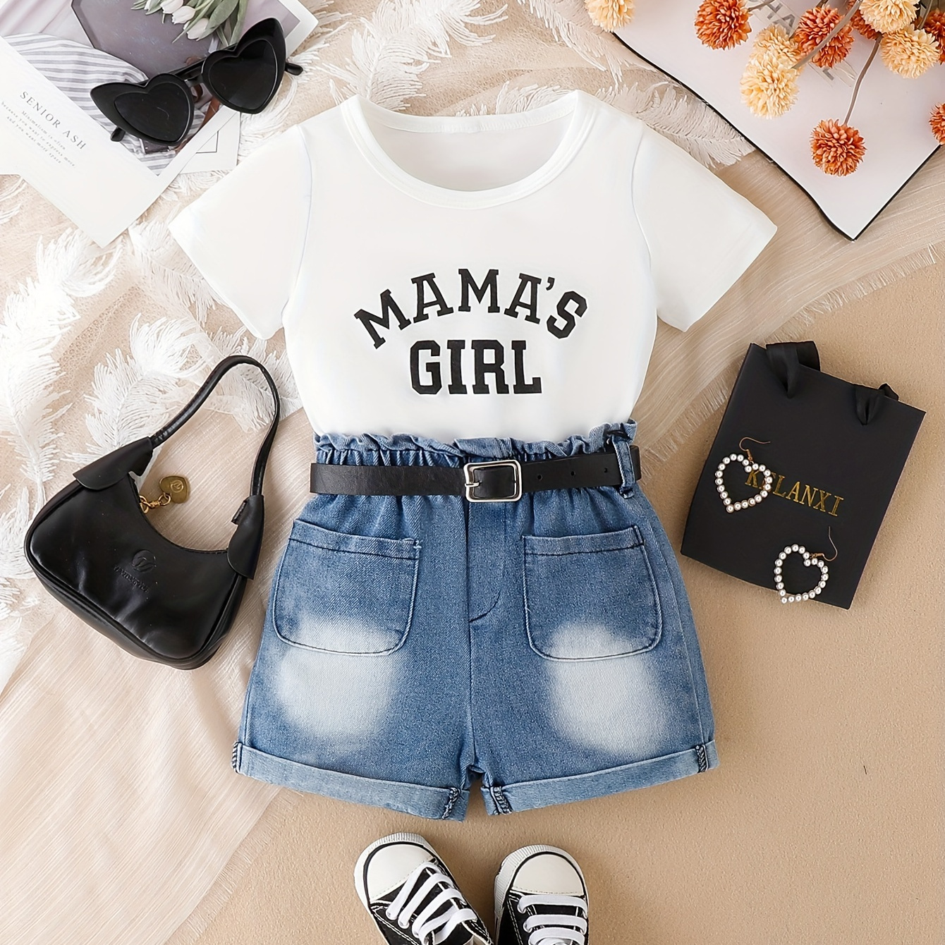 

Toddler Girl's 2-piece Outfit Set, "mama's Girl" Print Crew Neck Tee & Casual Elastic Waist Denim Shorts For Summer