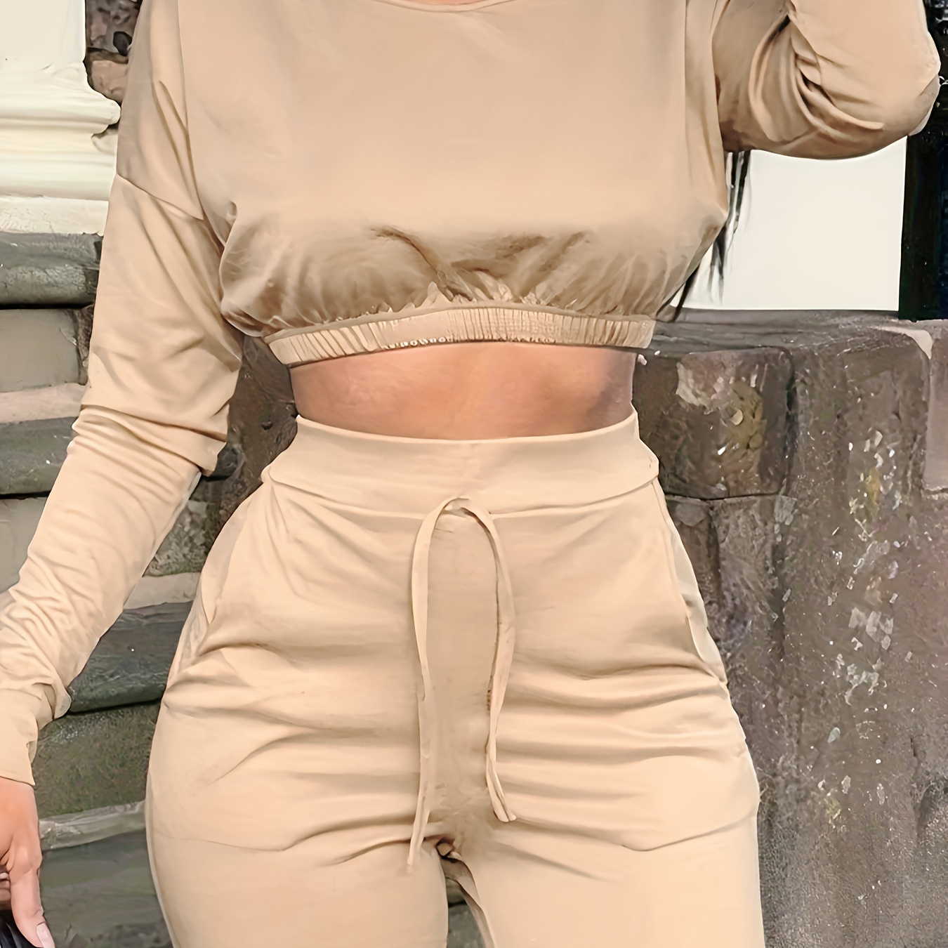 Casual Solid Two piece Set Crew Neck Long Sleeve Crop Top - Temu