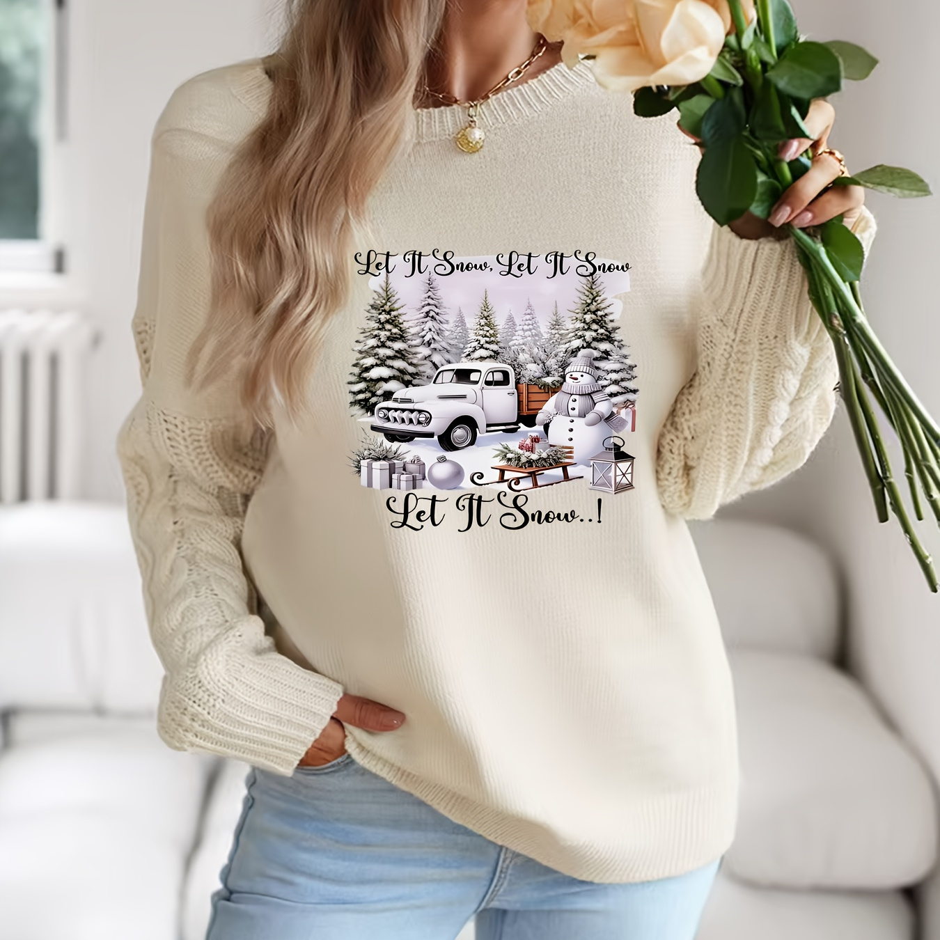 

Chic Crew Neck Christmas Pullover Sweater For Women, Fall/winter Knit Fabric, Long Sleeve, Loose Fit, Polyester (80% Polyester, 20% Polyamide) With Snowy Truck And Snowman Print