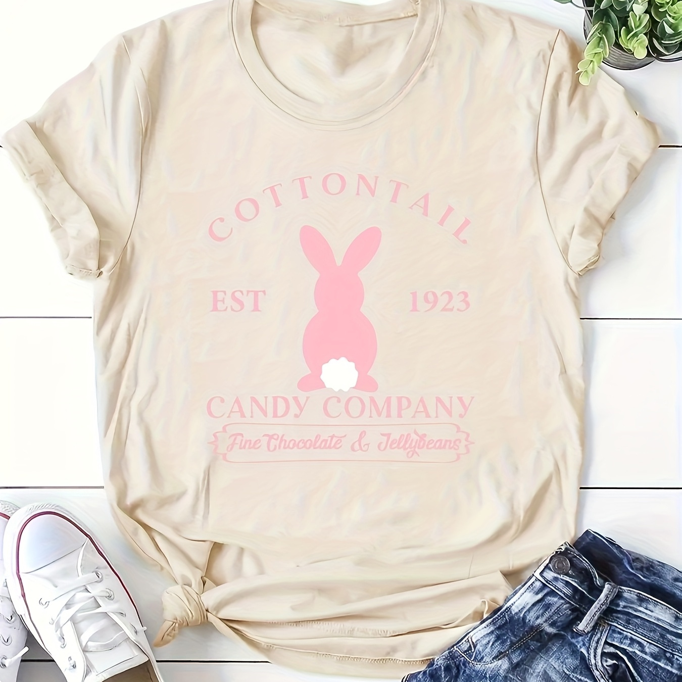 

1pc Easter Bunny Alphabet Graphic T-shirt - Cotton Knit Crew Neck Tee - Casual Fashion For Women - Comfortable Regular Length Top