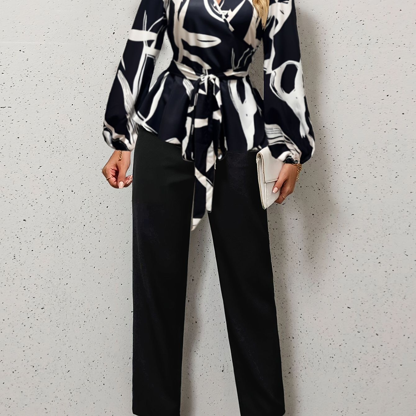 Casual Two-piece Set, Graphic Print Long Sleeve Belted Top & Solid Straight Leg Pants Outfits, Women's Clothing