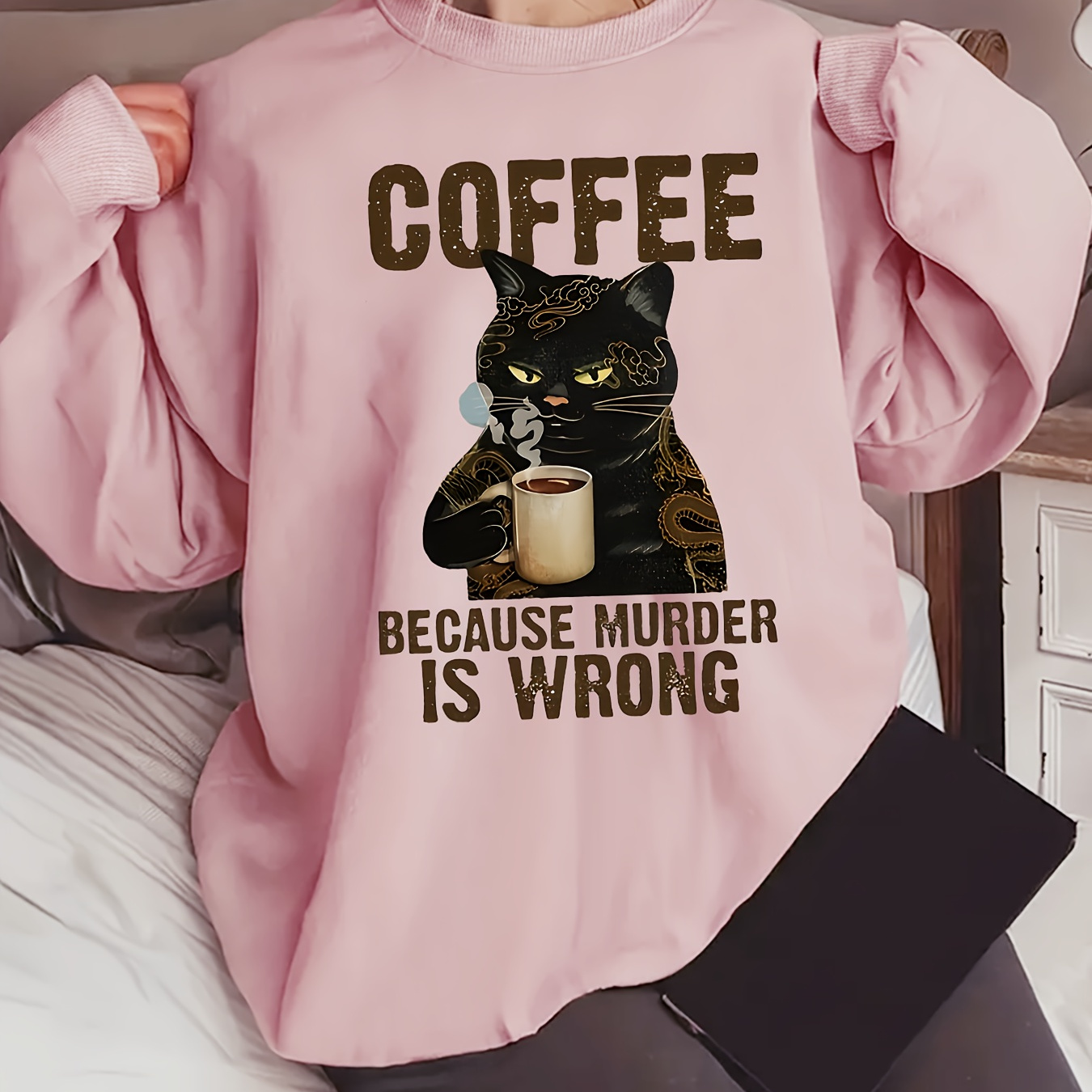 

Cat & Sweatshirt, Long Sleeve Sweatshirt, Women's Clothing