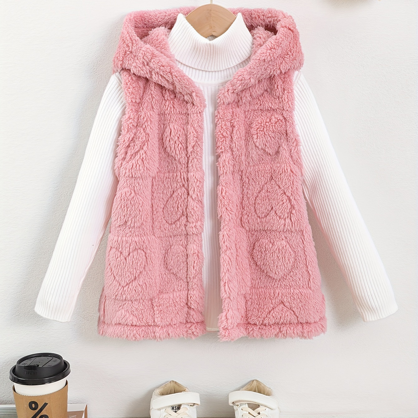 

Heart Pattern Girls Open Front Fashion Versatile Hooded Plush Vest Cardigan For Spring And Autumn