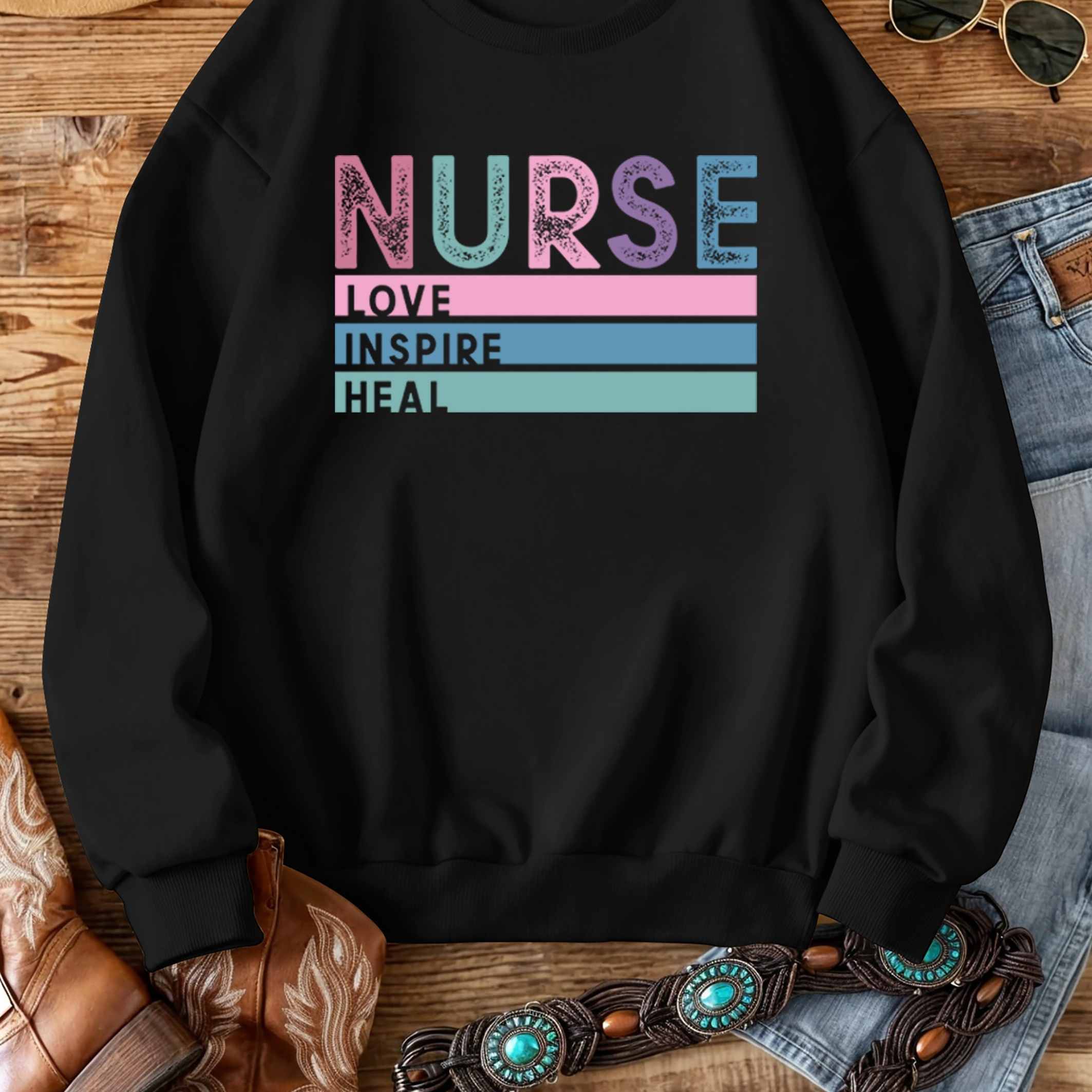 

Nurse Inspirational Sweatshirt For Women - Casual Polyester Crewneck Hoodie With Letter Pattern Print, Knit Fabric, Fall/