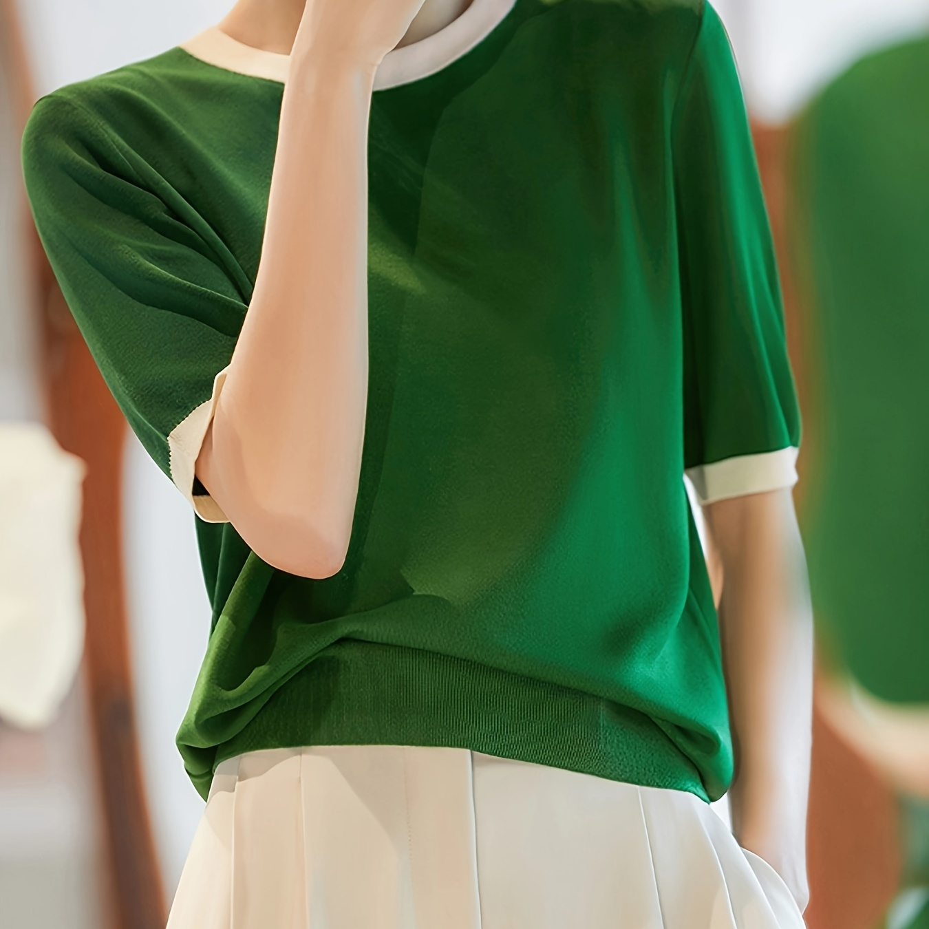 

Contrast Trim Crew Neck Sweater, Versatile Half Sleeve Knitted Top For Spring & Fall, Women's Clothing
