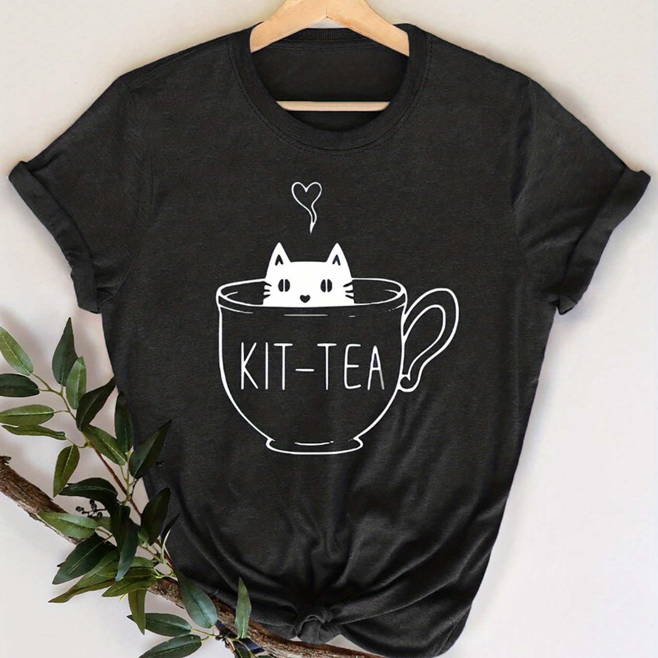 

Plus Size Casual T-shirt, Women's Plus Cat & Letter Print Short Sleeve Round Neck T-shirt