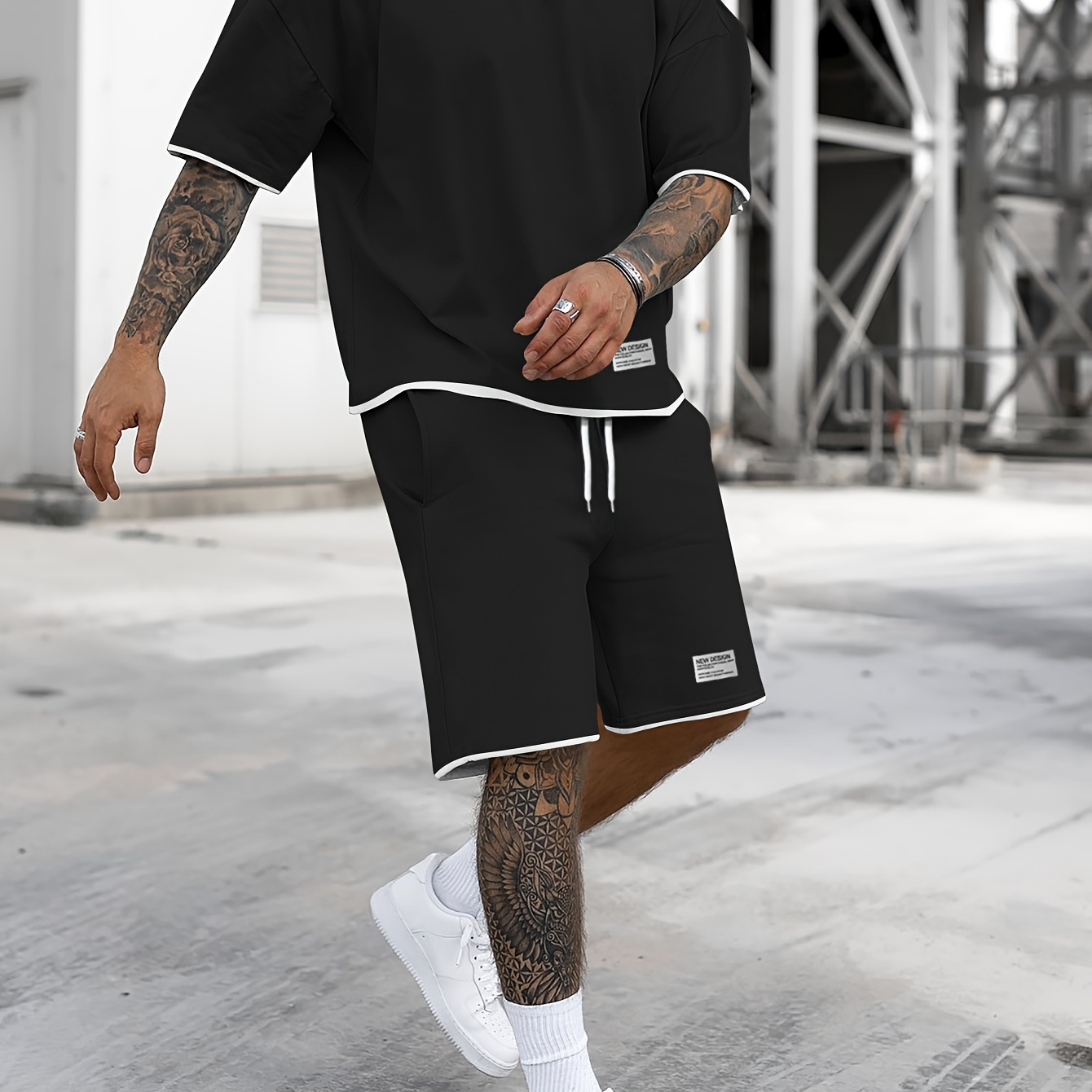 

Men's Summer Fashion Casual Set, T-shirt & Sporty Drawstring Shorts Set, Solid Black With White Trim, Comfort Fit For Daily Wear