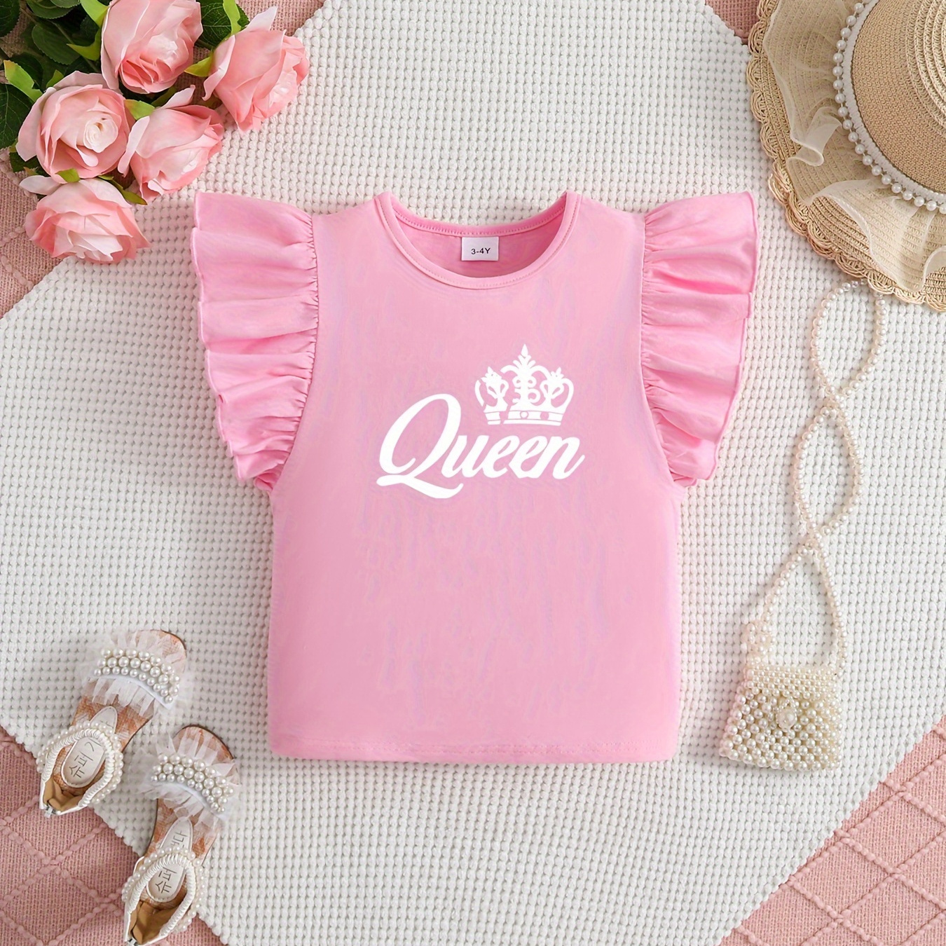 

Queen With Crown Graphic Print For Girls, Ruffle Trim Cotton T-shirt Top Comfy Pullover For Summer For Outdoor Activities