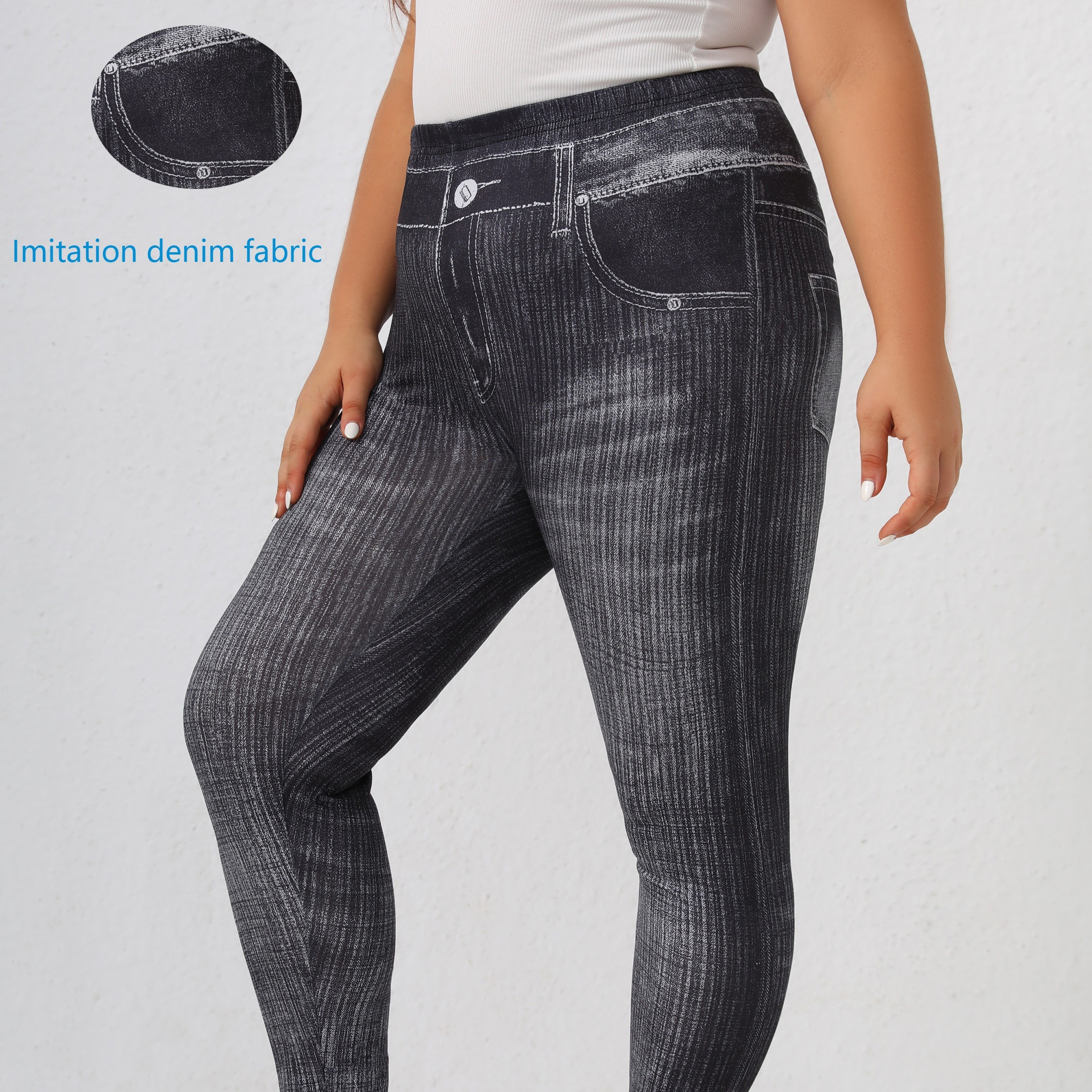 

Leggings en denim imprimé taille haute grande taille - Look élégant et sexy, style décontracté, stretch moyen, tissu tricoté, polyester, toutes saisons, avec fausses poches