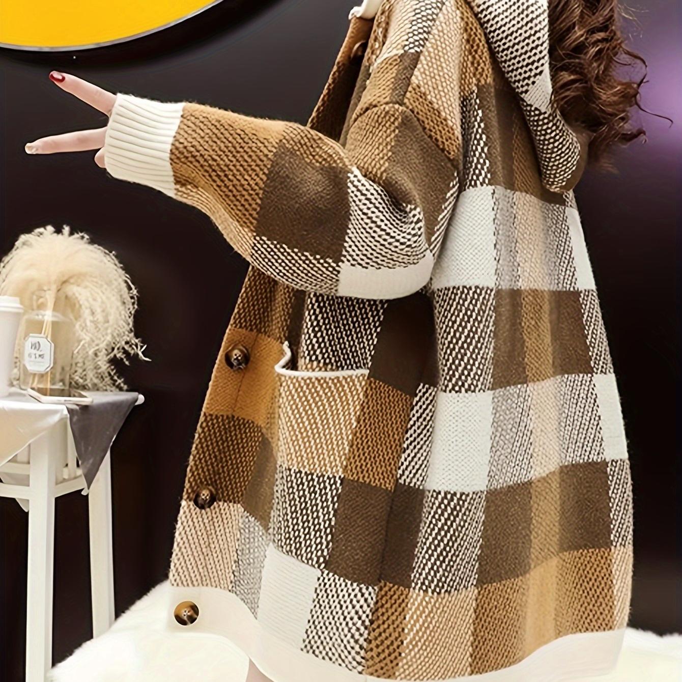 

Plaid Pattern Button Front Hoodie Cardigan, Casual Long Sleeve Dual Pockets Mid-length Cardigan For Fall & Winter, Women's Clothing