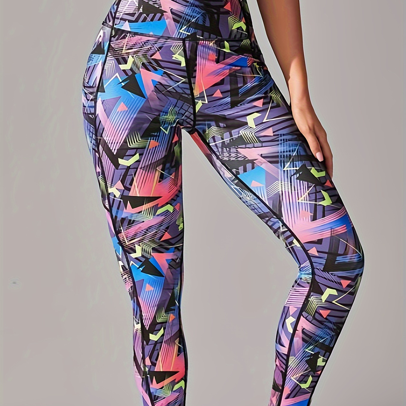 

Geometric Pattern Color Block Yoga Pants, High Waist Running Sports Leggings, Women's Activewear