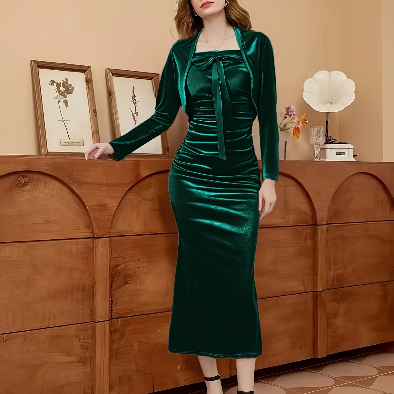 

Elegant Velvet Knit Two-piece Dress Suit For Women, Polyester , Collarless Design, Solid Color, With Bow Detail, For