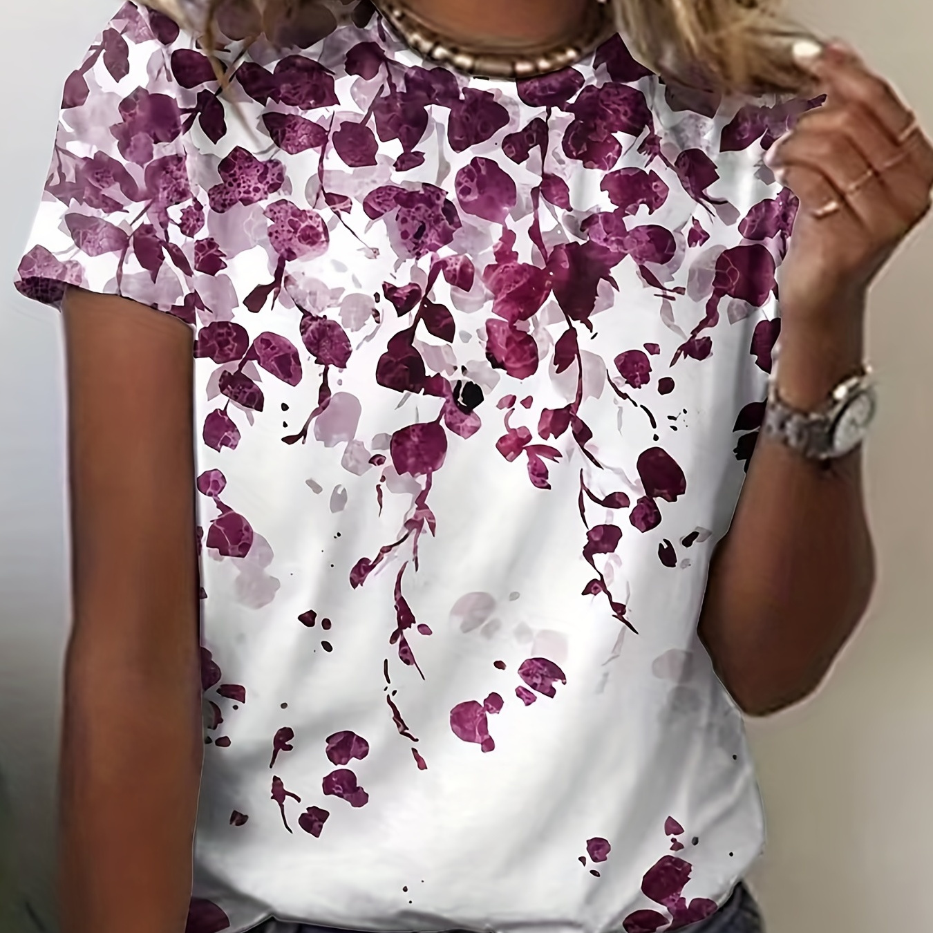 

Floral Print Crew Neck T-shirt, Casual Short Sleeve T-shirt For Spring & Summer, Women's Clothing